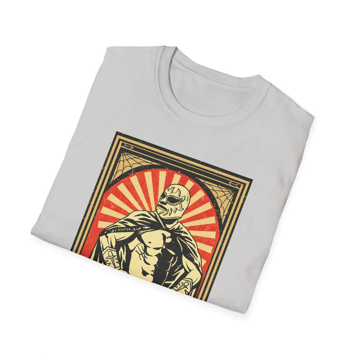 'Mexican Wrestler' retro poster print folded on ice grey t-shirt, funny lucha libre gift idea