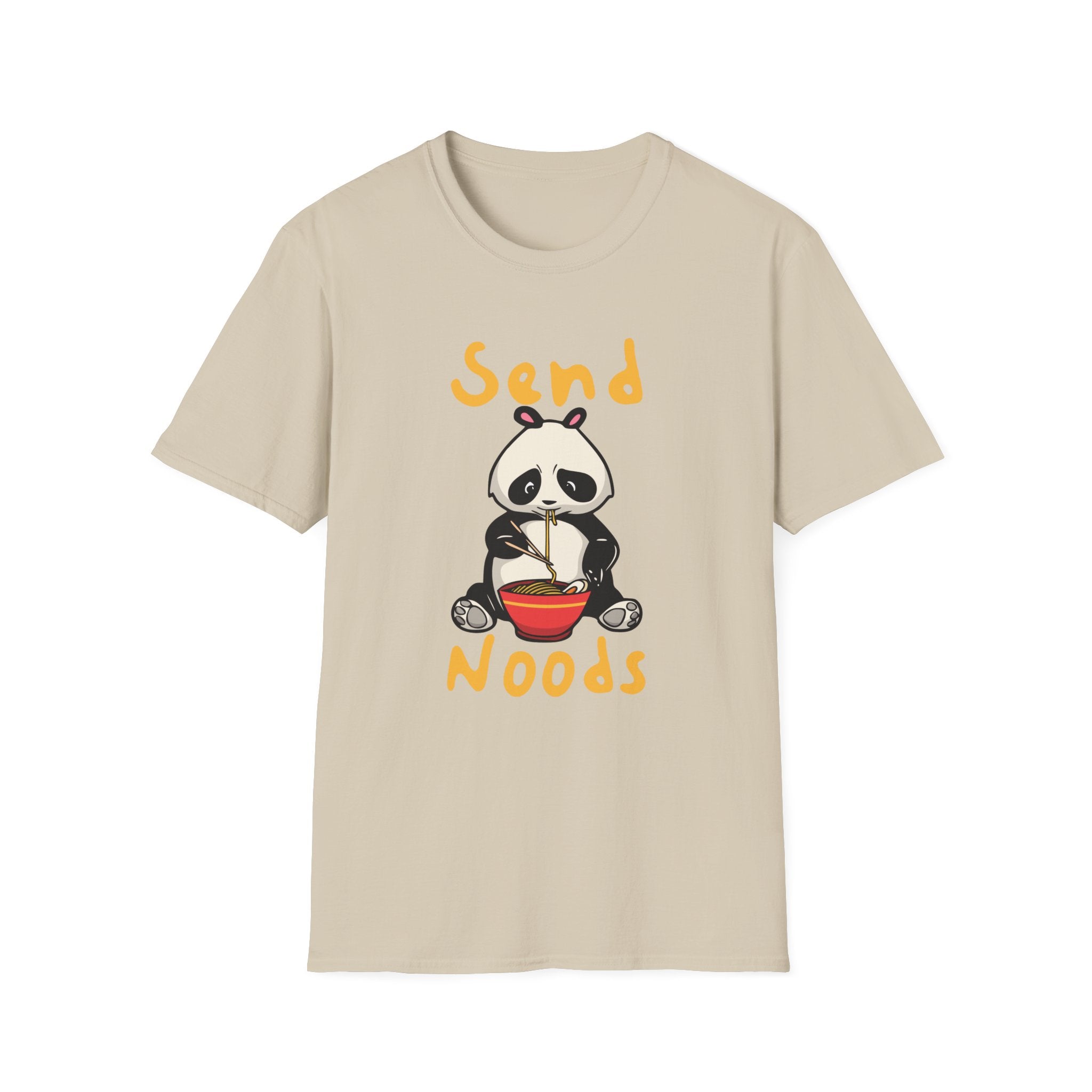 The Send Noods T-Shirt features a stylish design with a panda eating noodles and the humorous phrase "Send Noods" displayed in bold orange lettering.