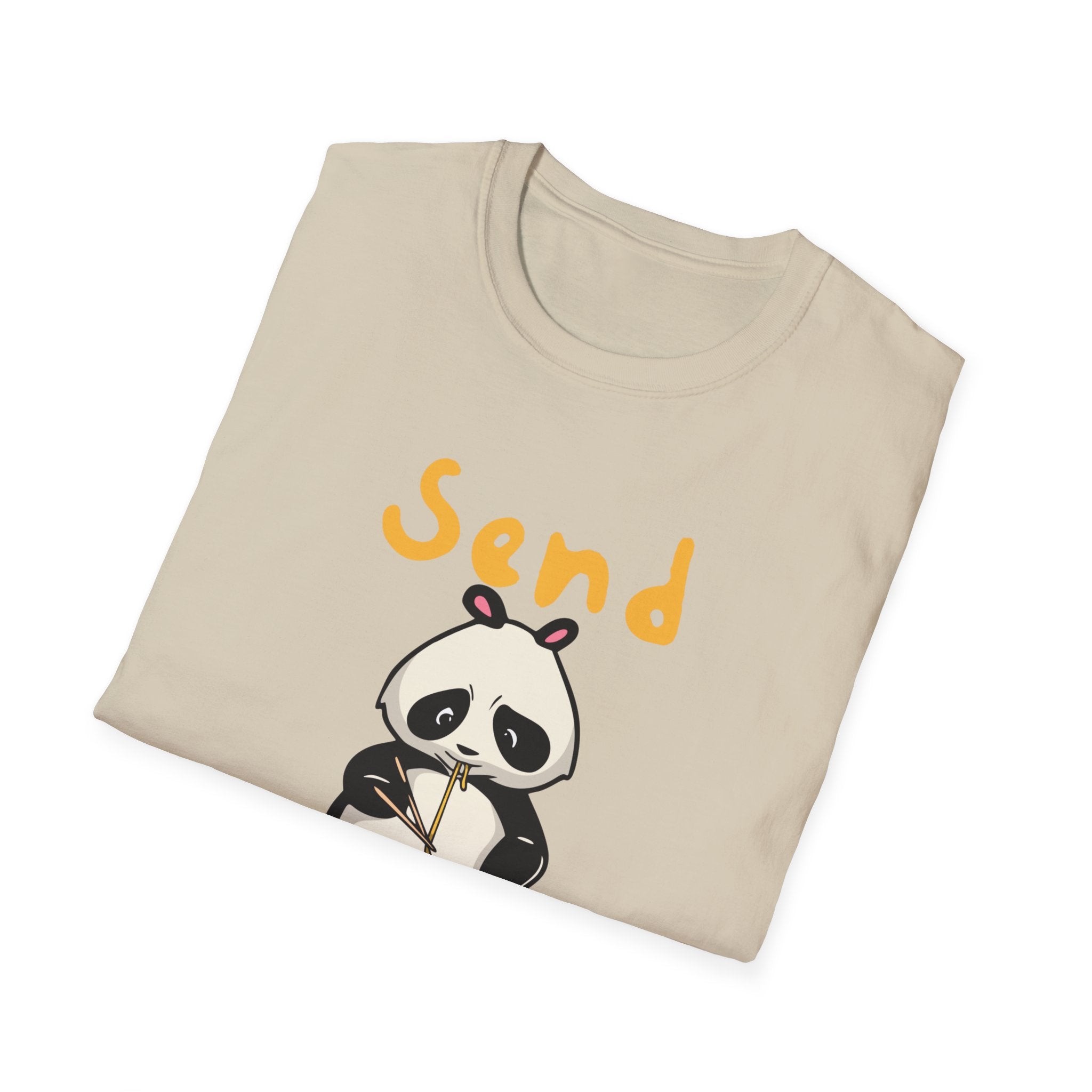 A fashionable beige "Send Noods T-Shirt" featuring an illustration of a sad panda holding a cup, with the humorous phrase in orange above it, perfect for those who appreciate cheeky humor.