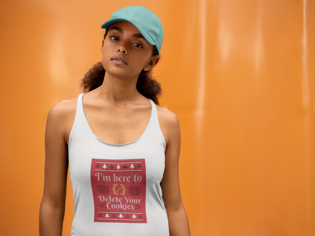 'Delete Cookies' racerback tank top in white, woman wearing it by an orange wall, Tank Top mockup, Geekpsters