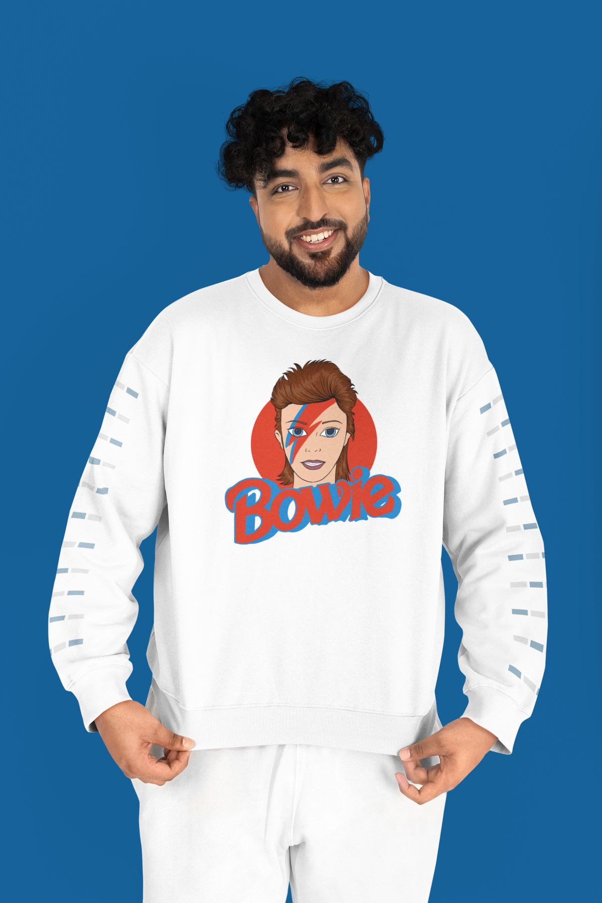Bowie lightning bolt sweatshirt in white, man wearing it on blue backdrop, rock fan gift for him