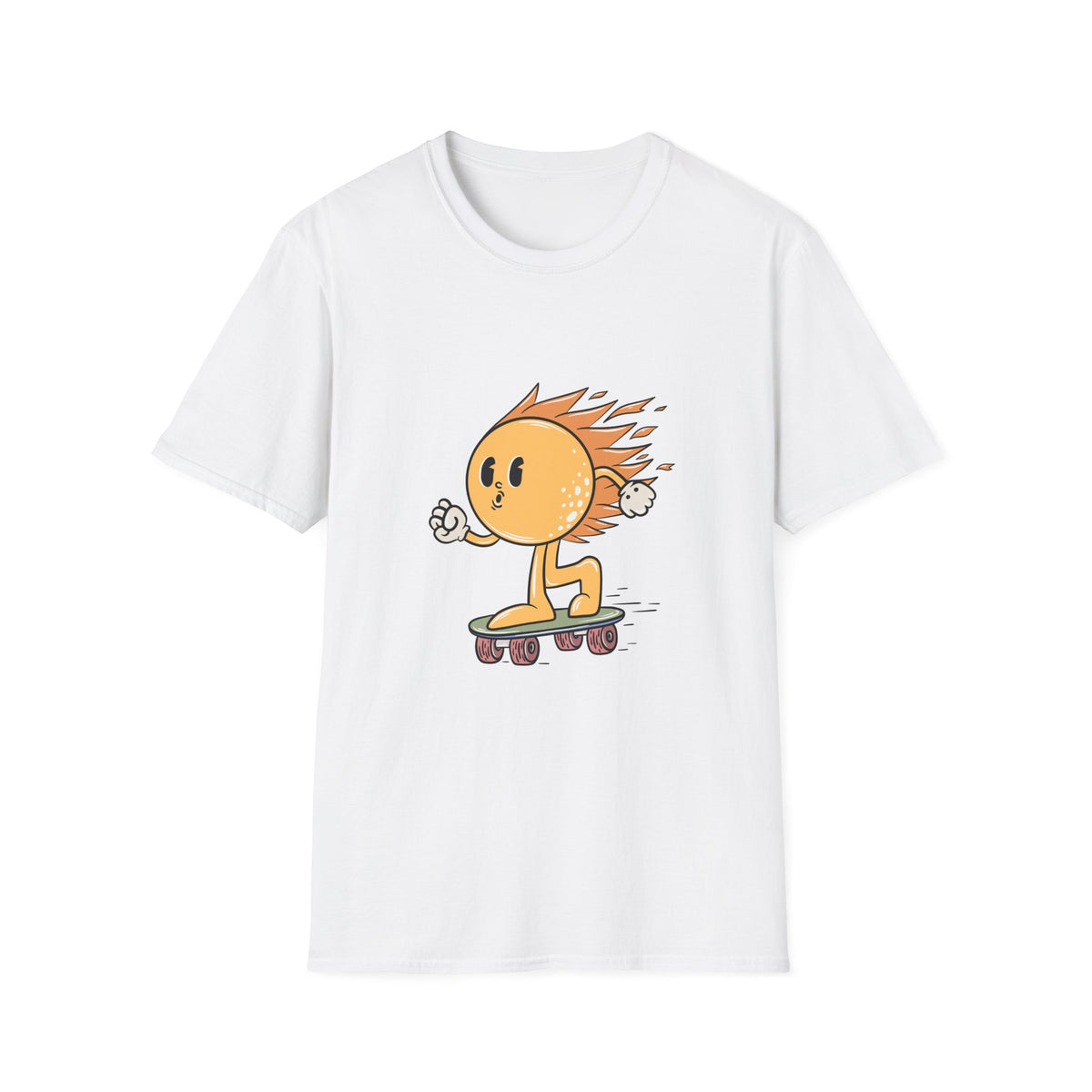 Hot Sun Cartoon skateboarding t-shirt in white, flat lay front print, funny sunny graphic tee