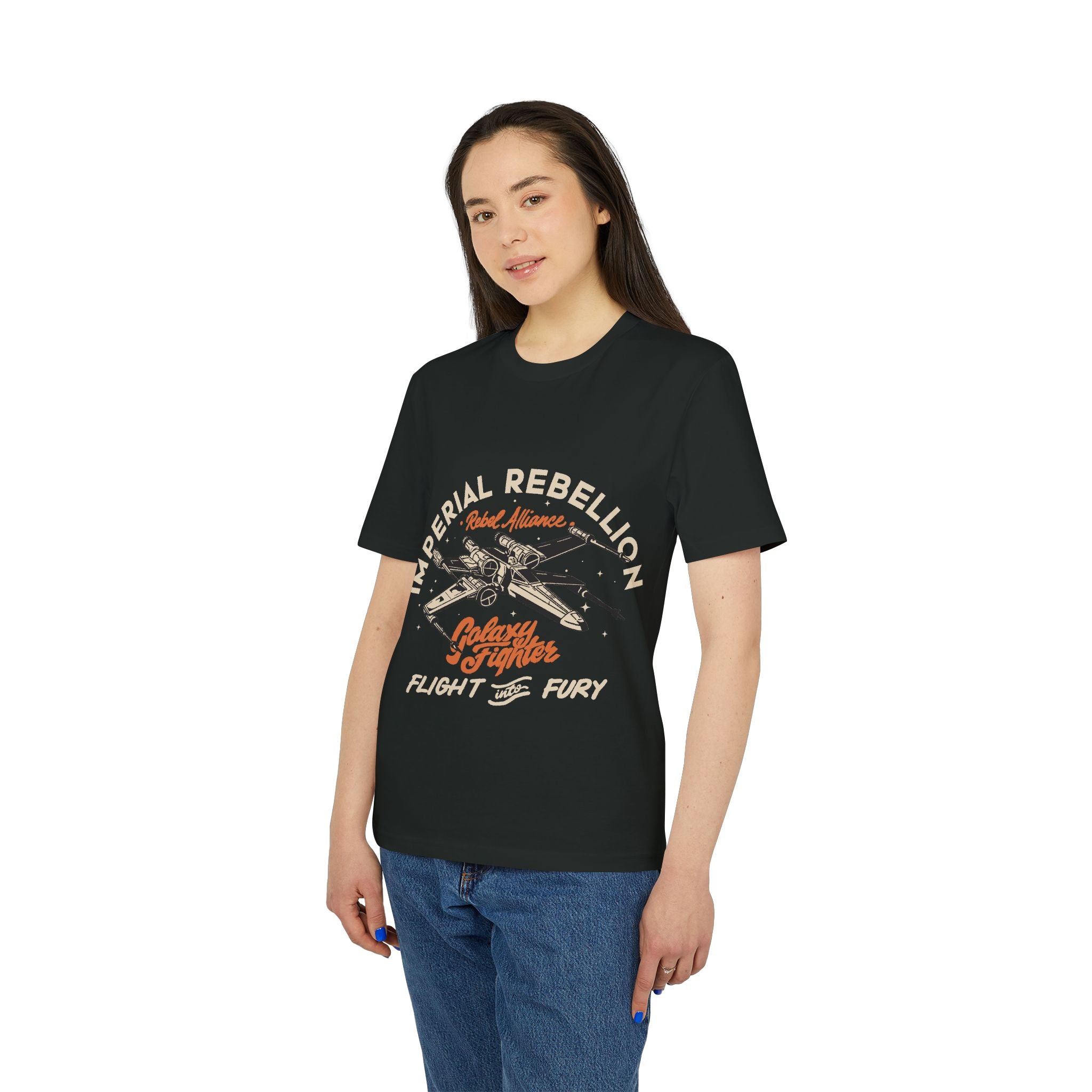 A woman with long brown hair models the "Imperial Rebel - Organic T-Shirt," which features a vintage spaceship design. She stands facing slightly left, one hand by her side—an eco-friendly pick for sci-fi fans.