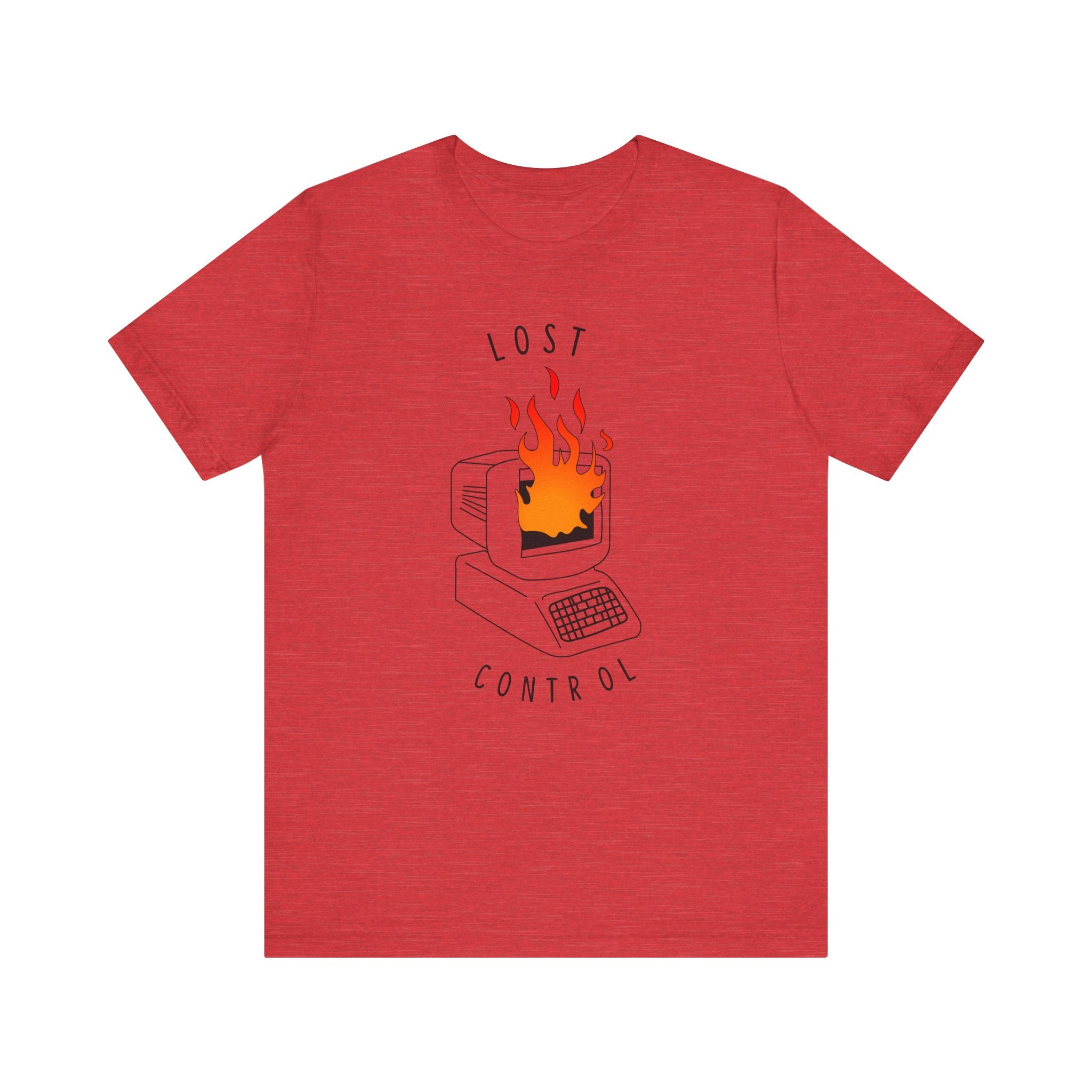 The Lost Control T-Shirt in a striking red features a graphic of a burning computer with the phrase "LOST CONTROL" prominently displayed both above and below. Crafted from premium-quality cotton, this shirt offers both style and all-day comfort.