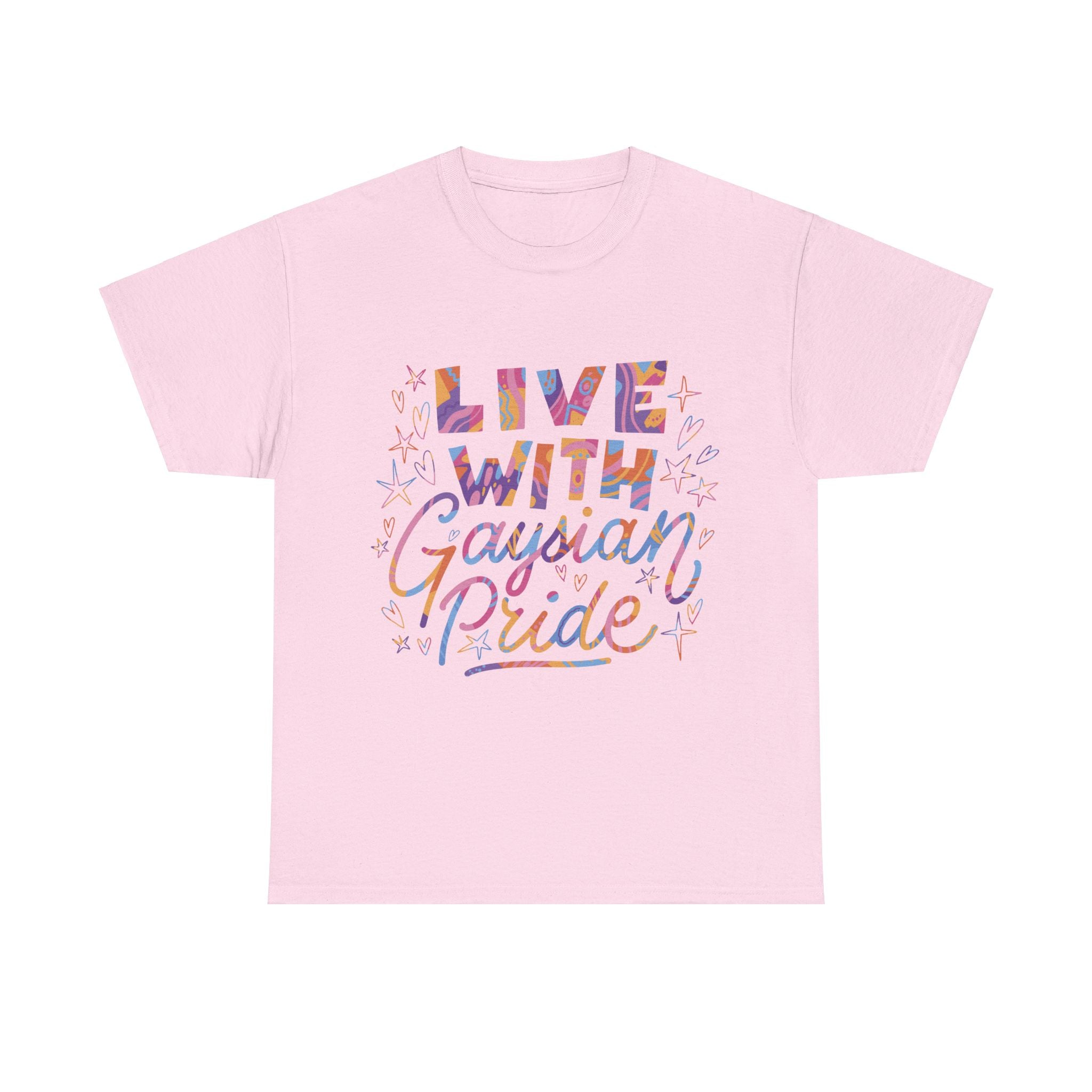 This bright pink "Live With Gaydian Pride" T-shirt features colorful text, stars, and heart graphics, perfect for those celebrating both pride and nerd culture.