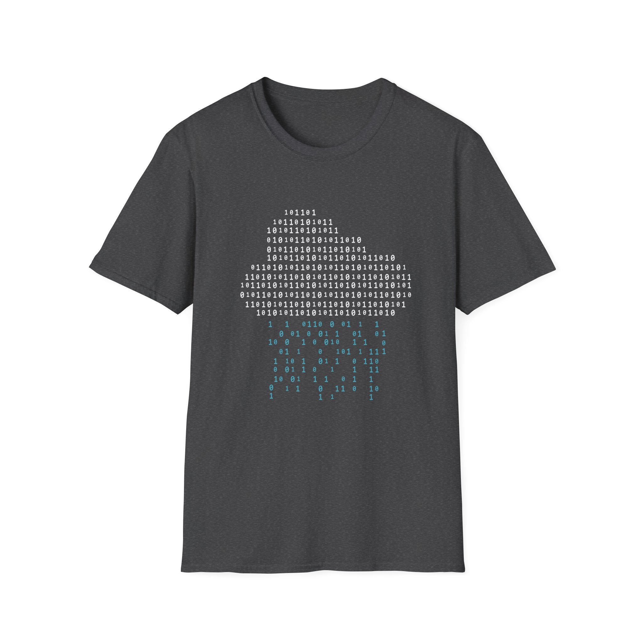 Introducing the "It's Raining Code" T-Shirt: a stylish dark gray shirt showcasing a distinctive storm cloud design, composed of white binary code, with blue digits cascading like rain.