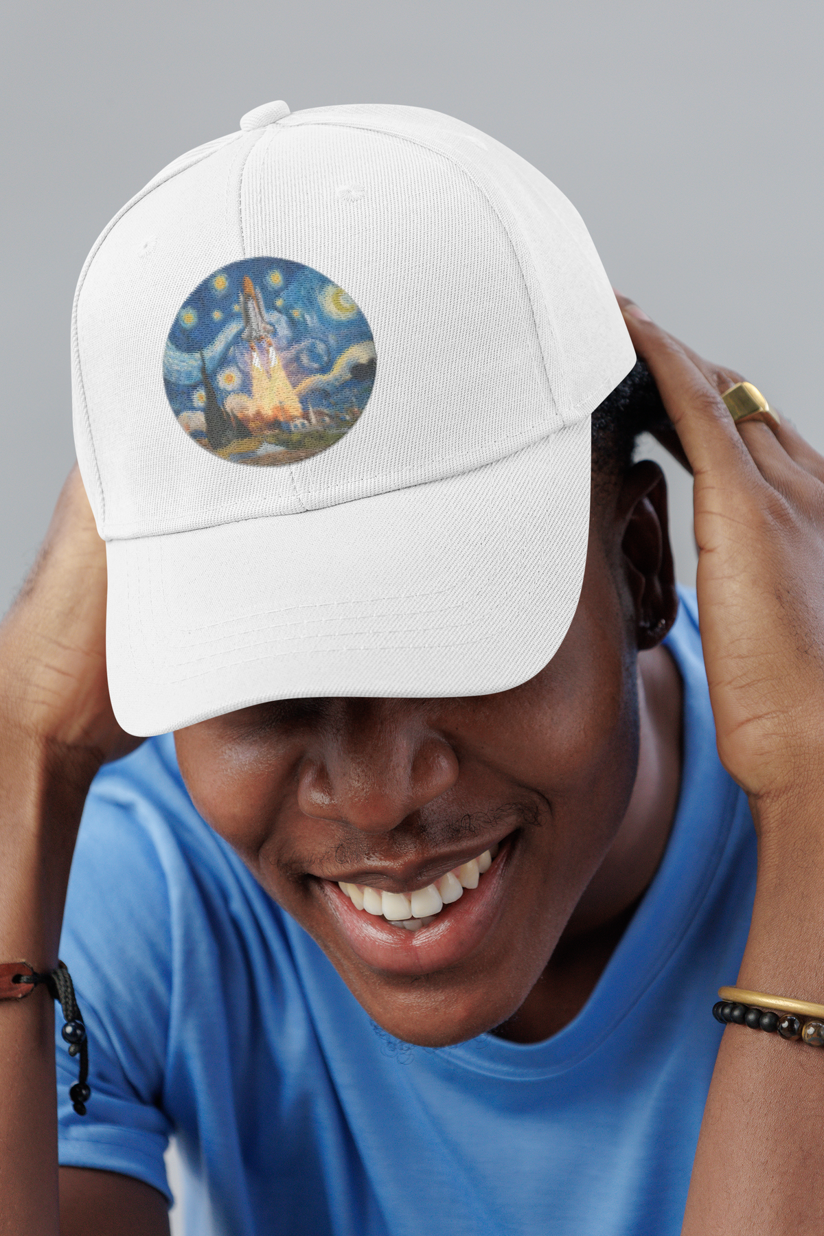 Van Gogh Spaceship sci-fi art dad hat, smiling man in a studio, lifestyle mockup, Geekpsters