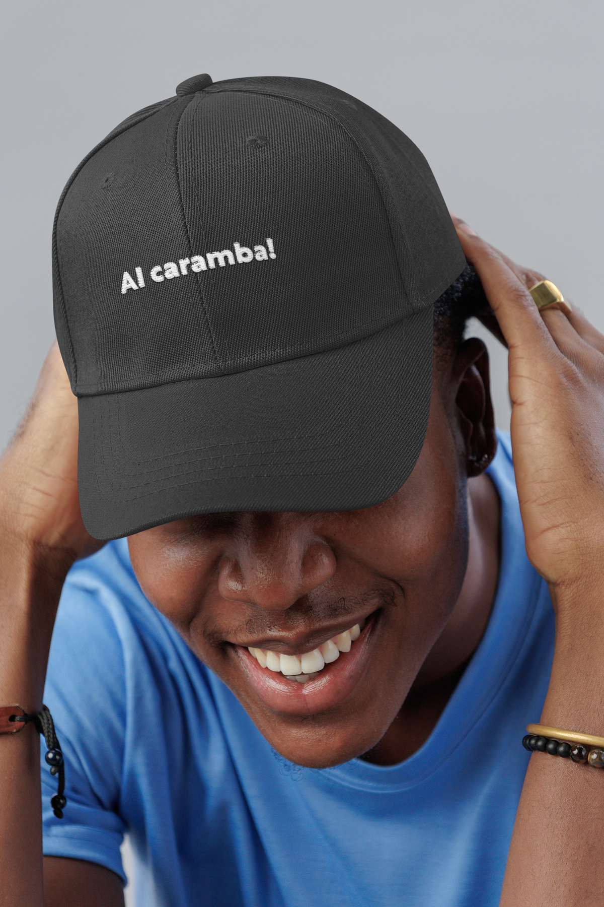 AI Caramba AI humor dad hat, smiling man in a studio, lifestyle mockup, Geekpsters