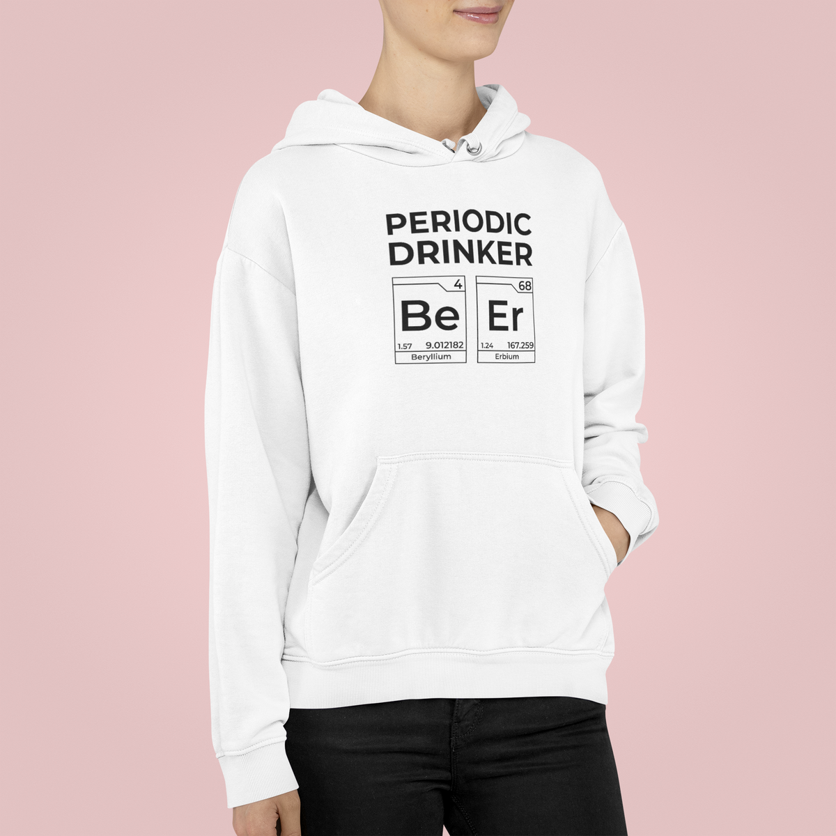 Periodic Drinker 'Beer' Hoodie in white, woman wearing it against a pink backdrop, funny science gift