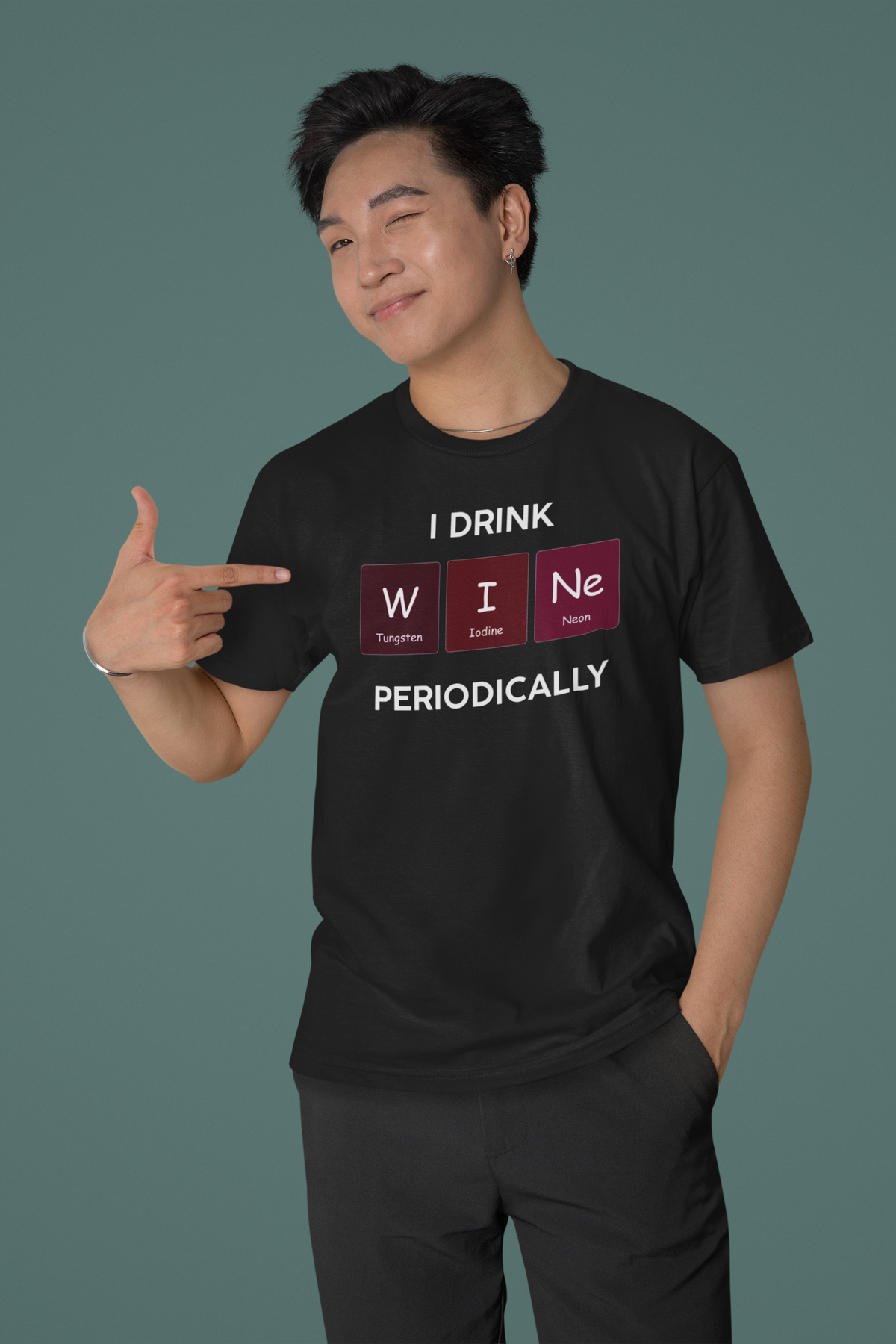 'I Drink Wine Periodically' periodic table T-shirt in black, man pointing at design, wine lover tee