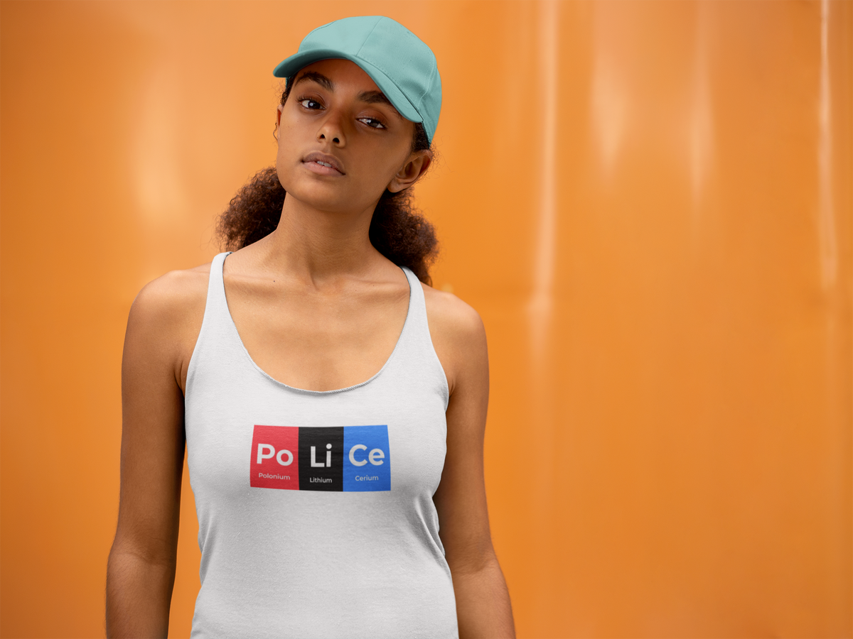 'Po-Li-Ce Periodic Table Women's Tank' in white, woman by an orange wall, Tank Top mockup, Geekpsters