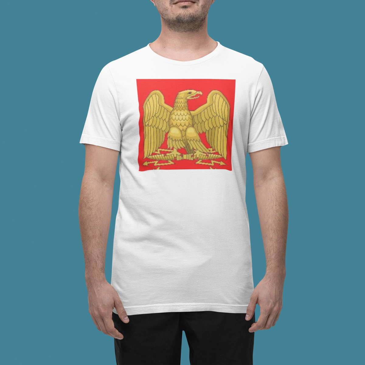 'Listenbourg Proud Eagle' t-shirt in white, man wearing it in a studio, T-Shirt mockup, Geekpsters