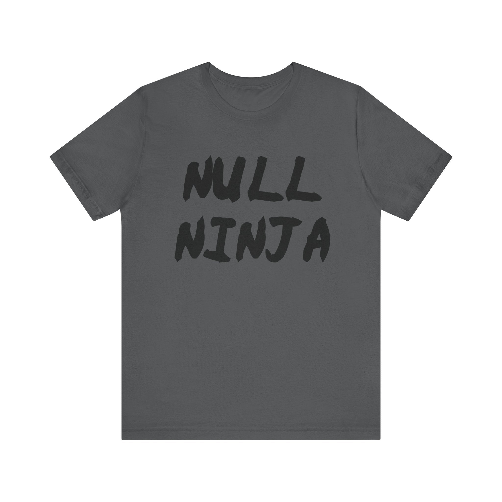 The Null Ninja Tee Shirt is a gray T-shirt with "NULL NINJA" in bold black letters on the front, perfect for stylish fans of nerd culture.