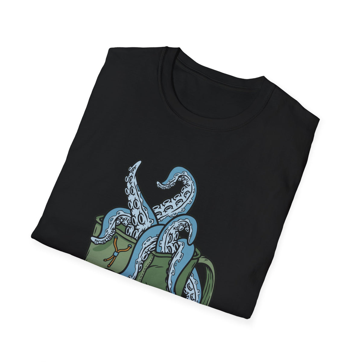 'Octopus Comes Out of the Bag' t-shirt in black, folded flat lay, funny gift for backpackers and hikers