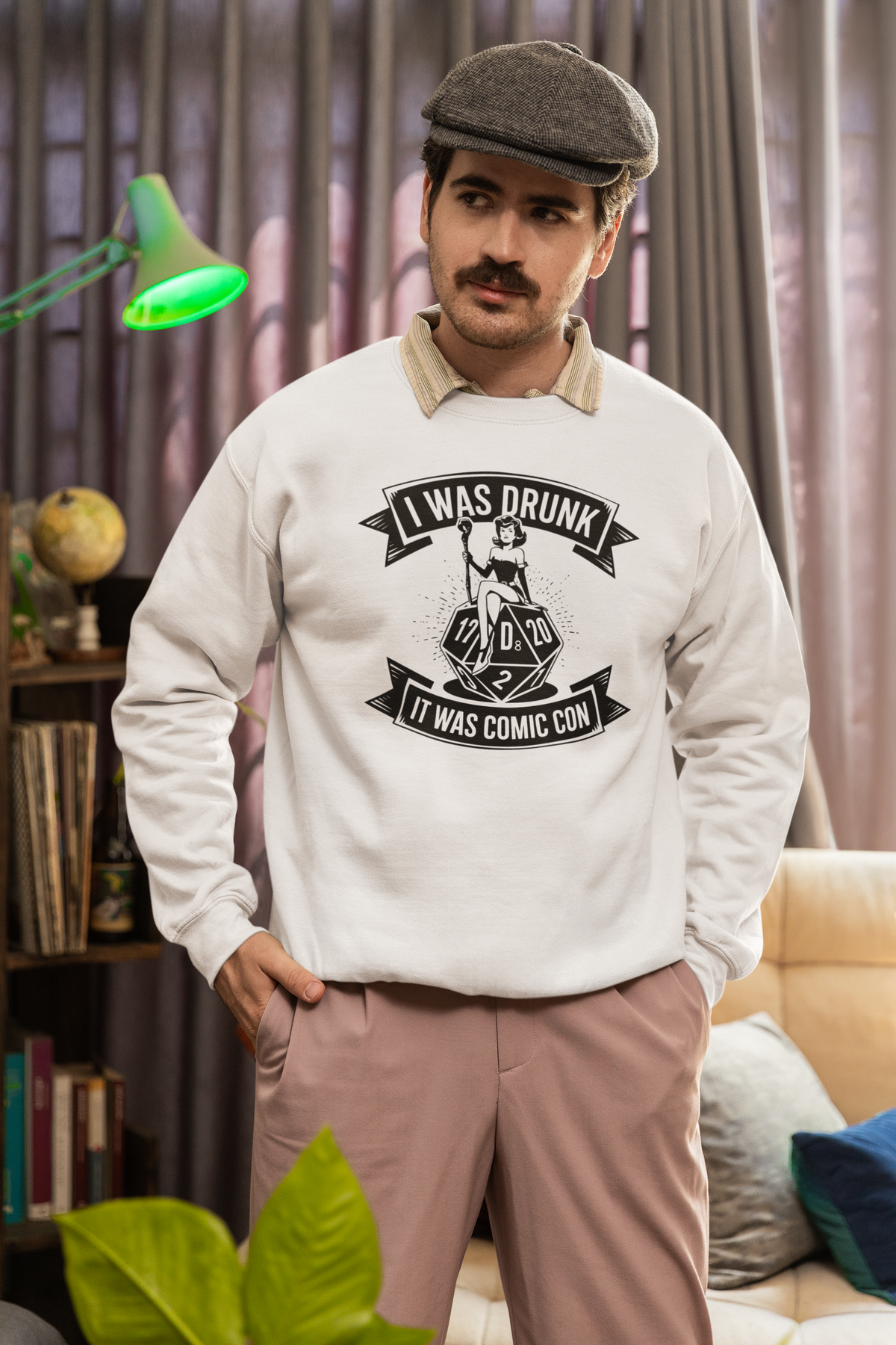 'I Was Drunk It Was Comic Con' sweatshirt in white, bearded man standing indoors, funny convention gift