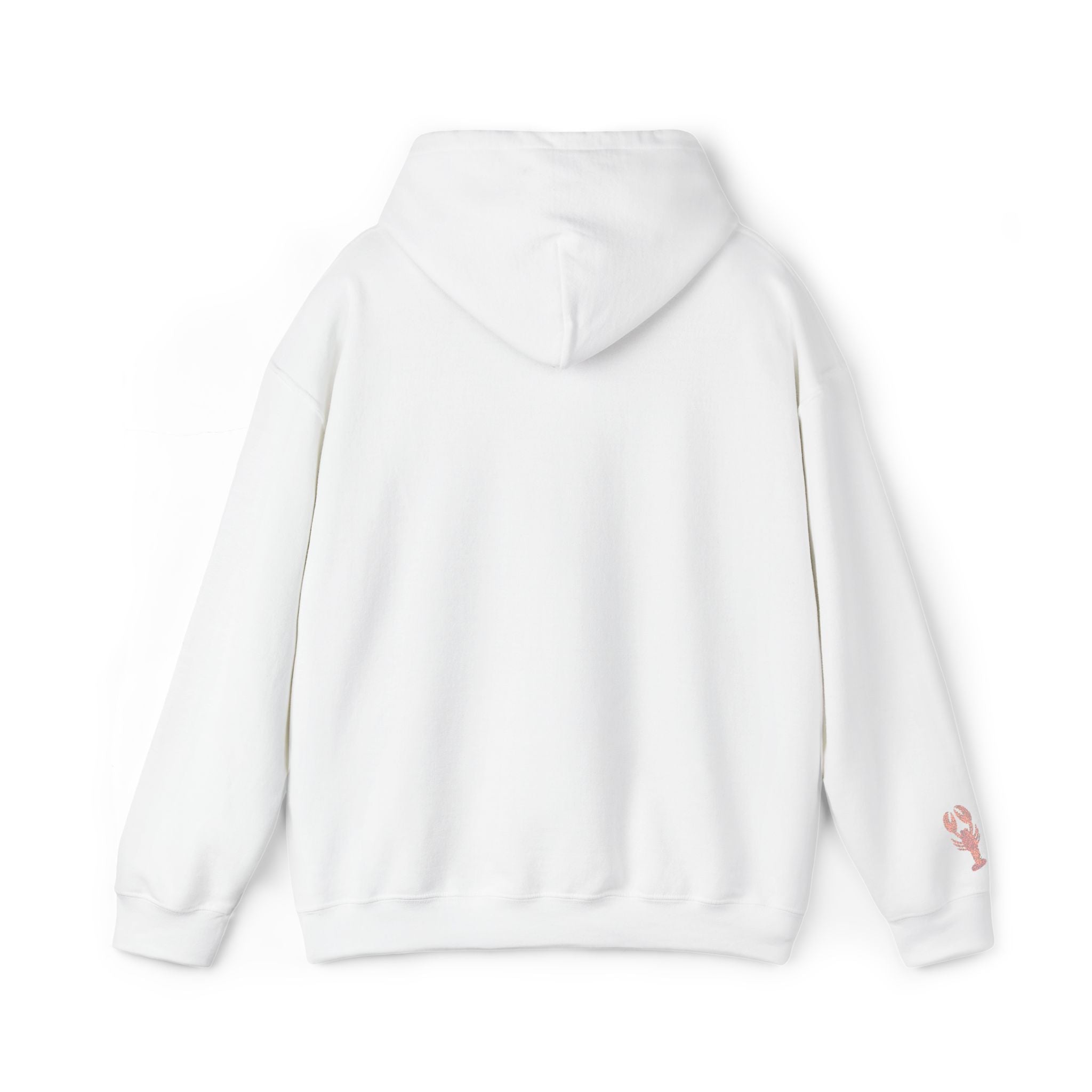The Set Them Free Hoodie — Claude / OpenClaw Moltbot AI Graphic Hoodie is a plain white hoodie shown from the back, featuring a small red lobster graphic on the right sleeve near the cuff.