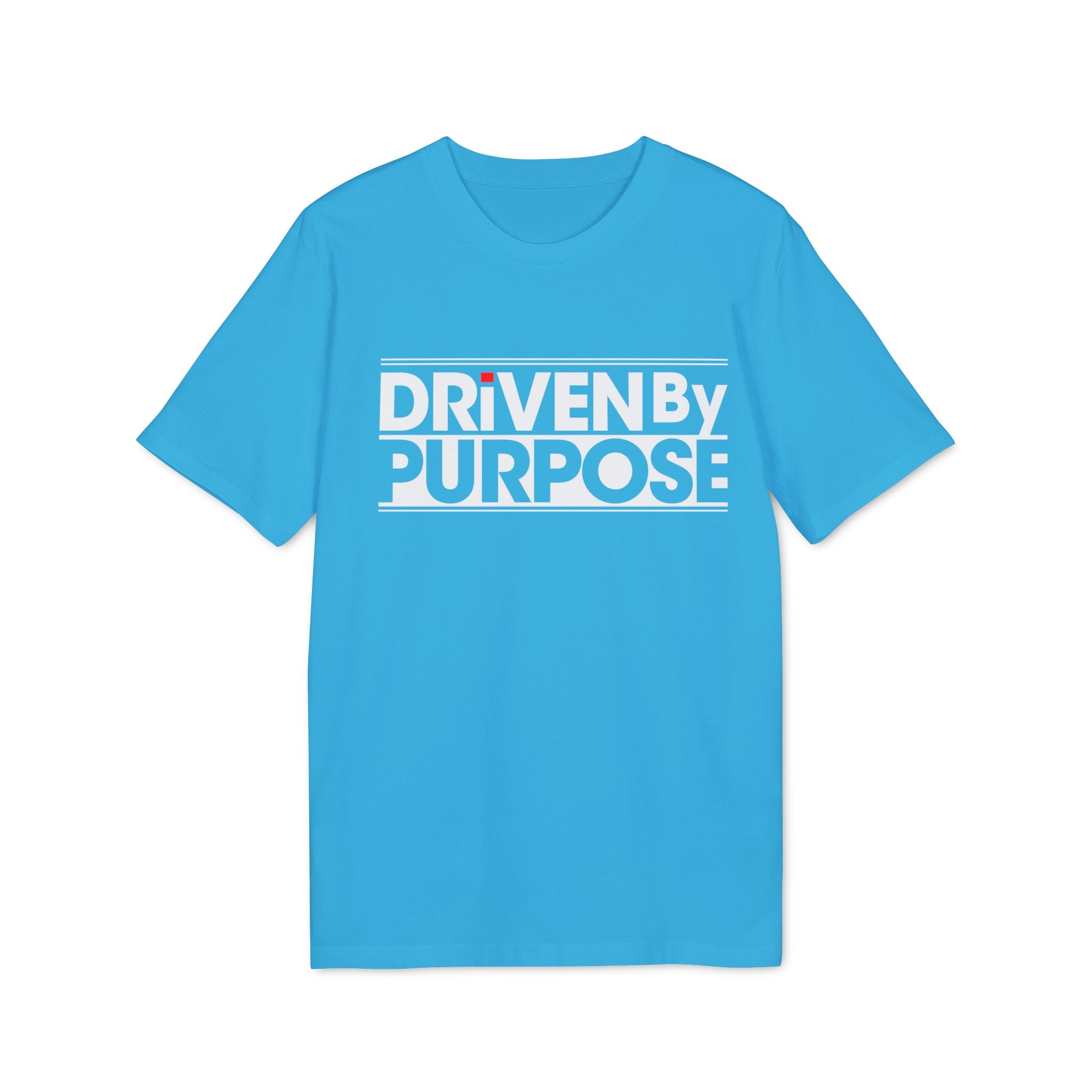 The Driven by purpose - Organic T-Shirt is a blue, eco-friendly tee with "DRIVEN BY PURPOSE" in bold white letters—ideal for those seeking sustainable programmer essentials.