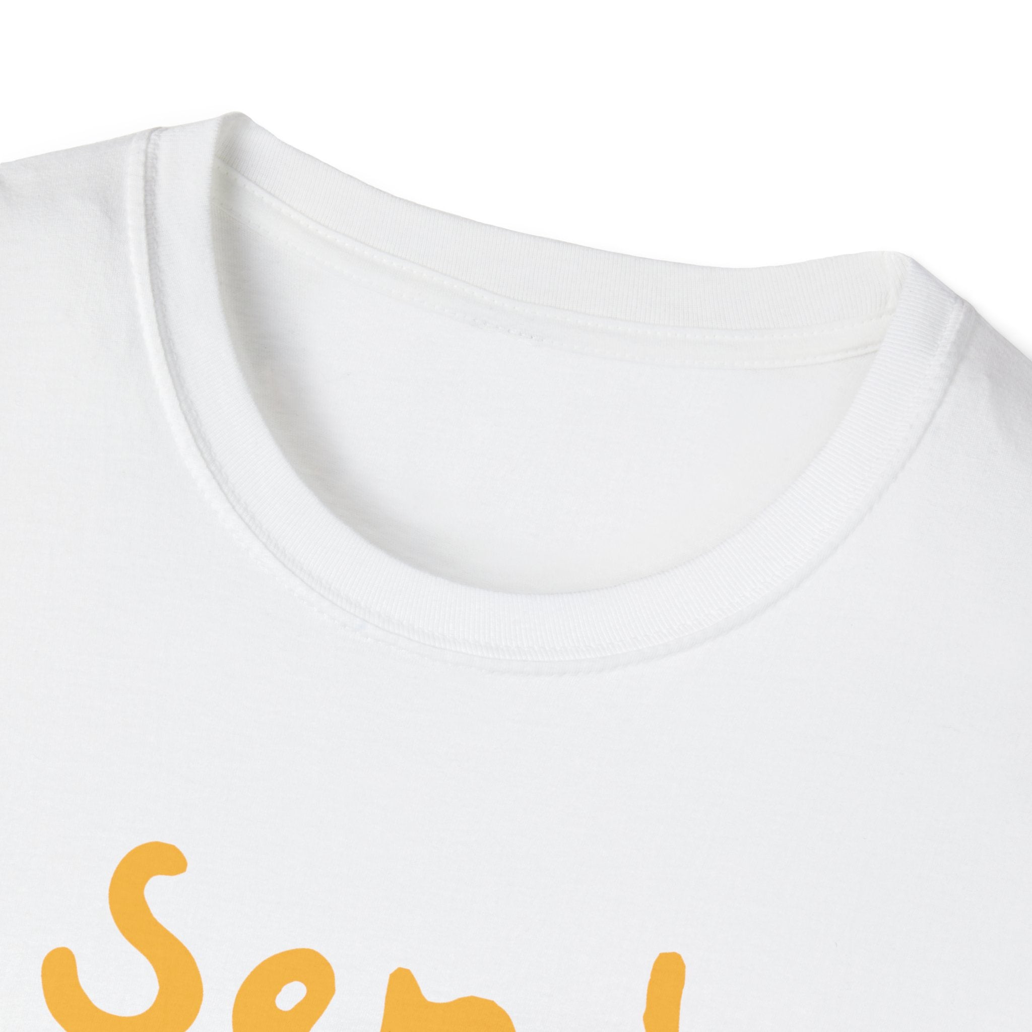 Close-up of a stylish fitted white "Send Noods" T-shirt with a humorous yellow printed phrase partially visible near the neckline.