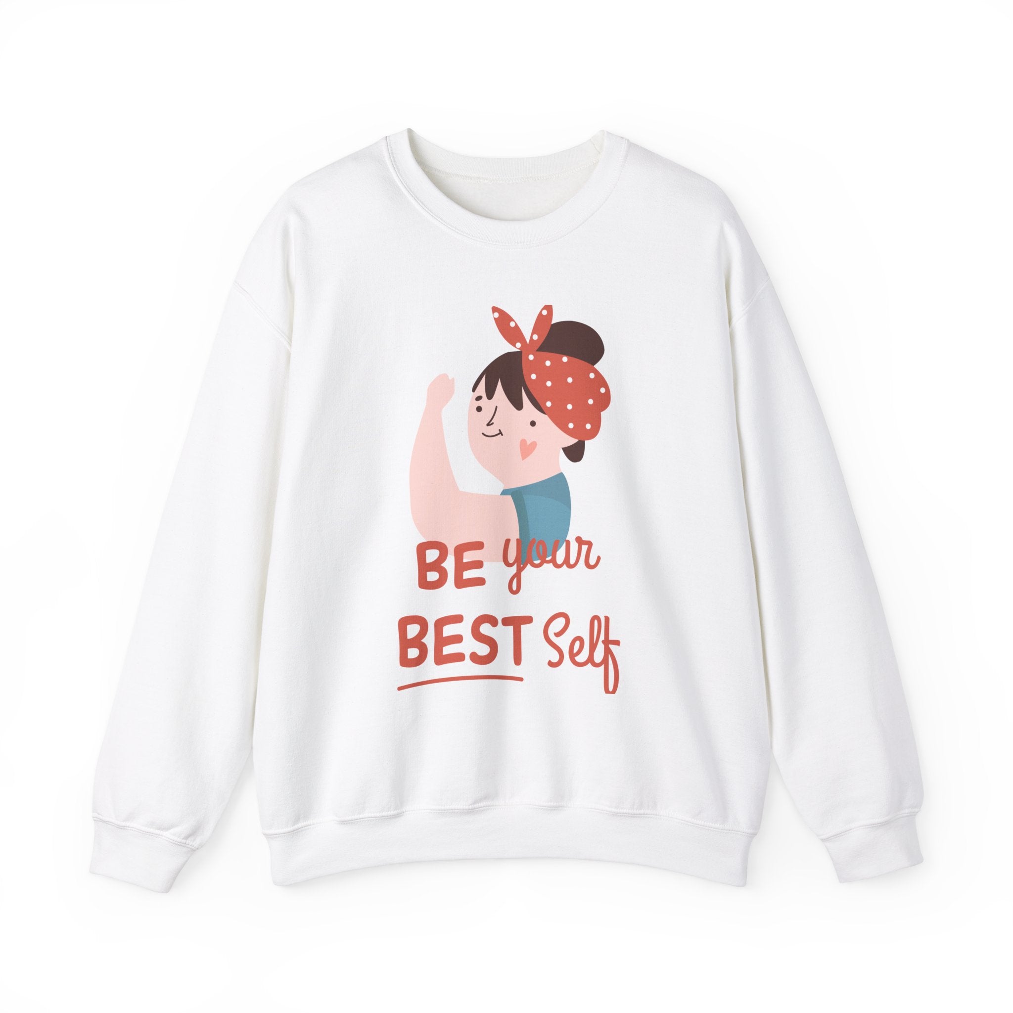 The "Be Your Best Self" Sweatshirt is a white pullover featuring a smiling girl with a red polka-dot headband and inspiring text—a playful nod to nerd culture for fans of unique, nerdy clothing.