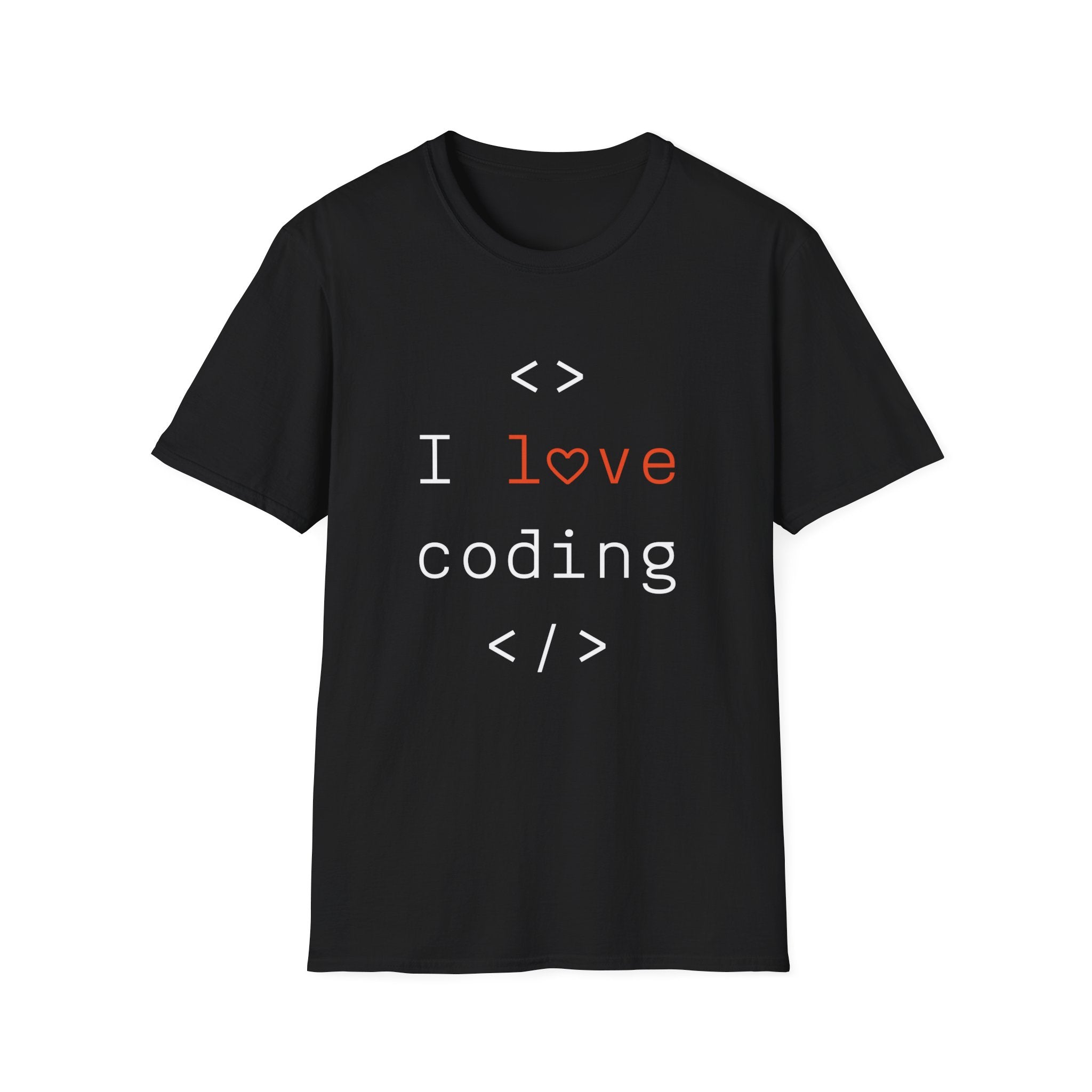 The "I Love Coding T-Shirt" features a black design with white and red text using angle brackets, a red heart, and the phrase "I love coding," ideal for geek culture enthusiasts.
