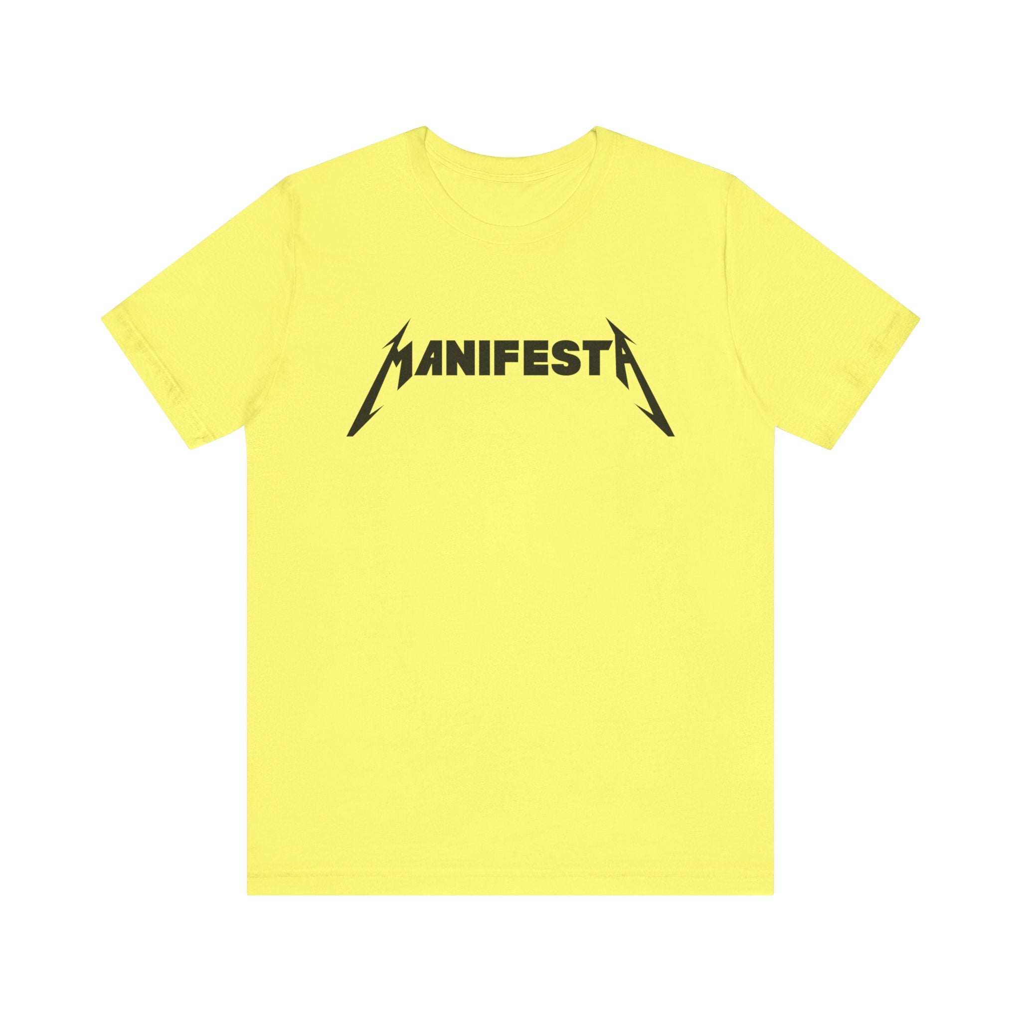 The Manifesta Tee Shirt is a yellow T-shirt with "MANIFEST" in bold black letters and lightning bolt shapes extending from the "M" and "T", making it a stylish addition to any geeky wardrobe while nodding to nerd culture.