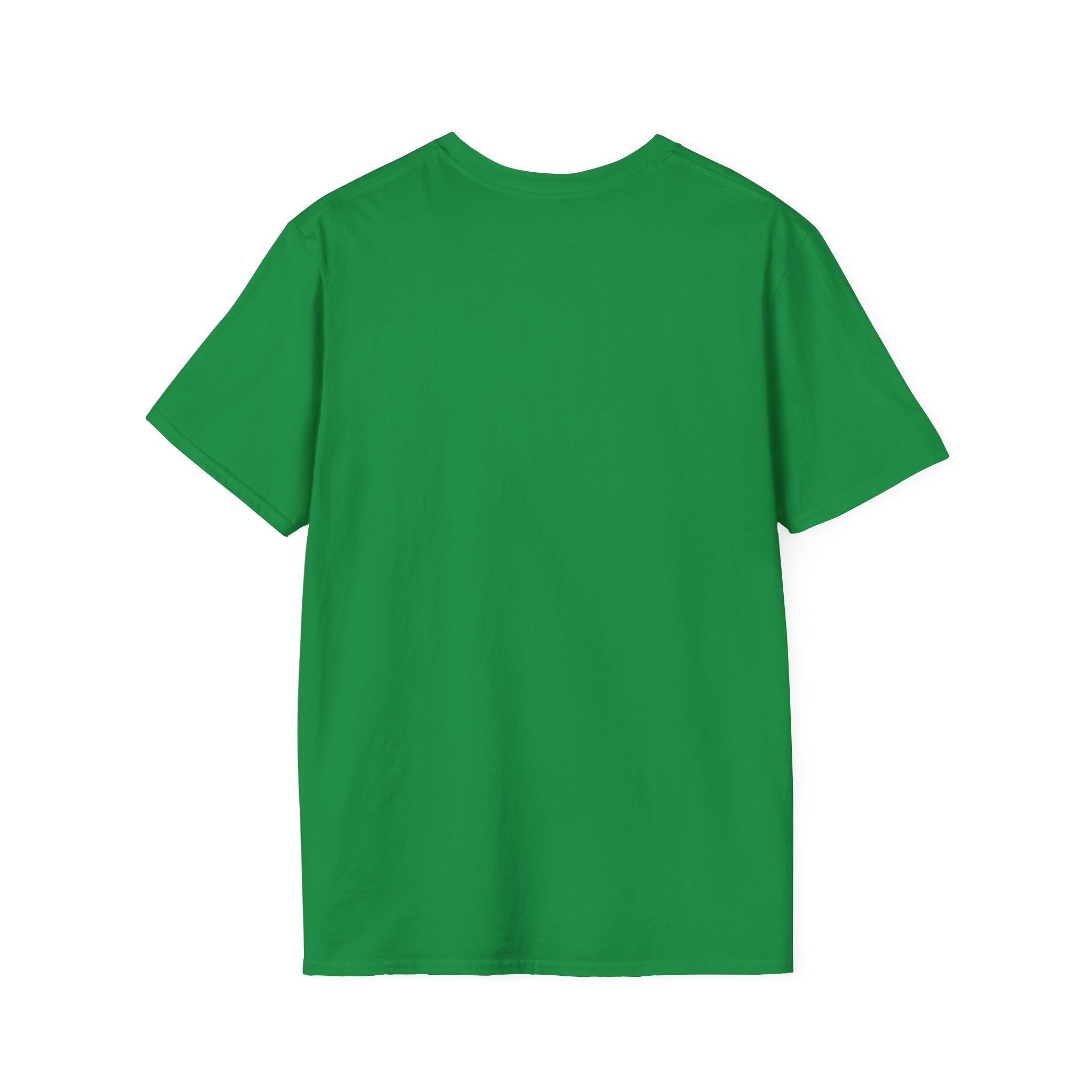 The "Never Too Late to Skate" T-shirt, a plain green design ideal for skate enthusiasts, is showcased against a white backdrop.