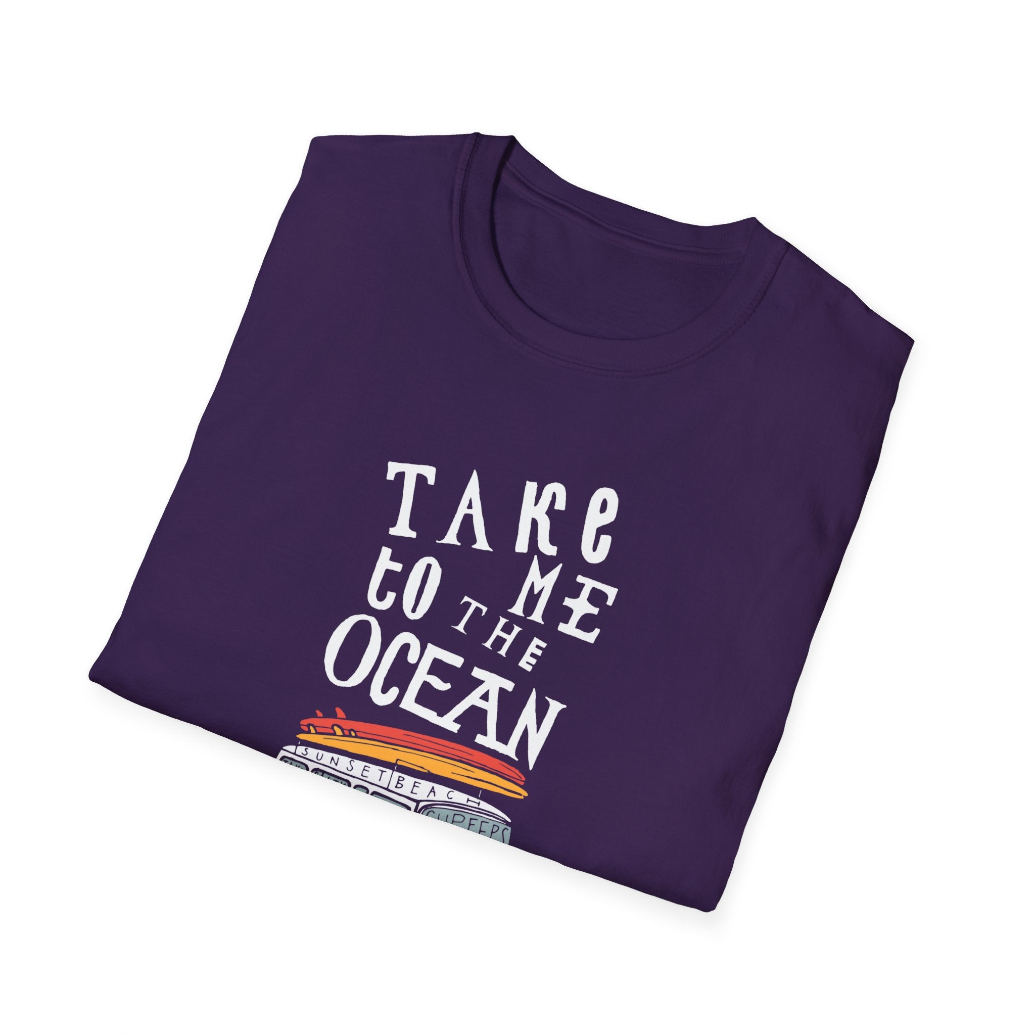 The "Take Me to the Ocean" T-shirt features a white text slogan above a stylized sunset graphic, blending style and comfort for casual wear.