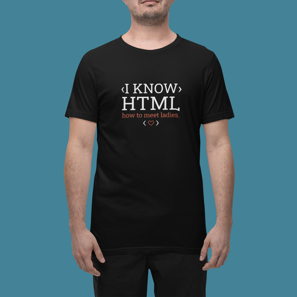 'I Know HTML' t-shirt in black, man in a studio