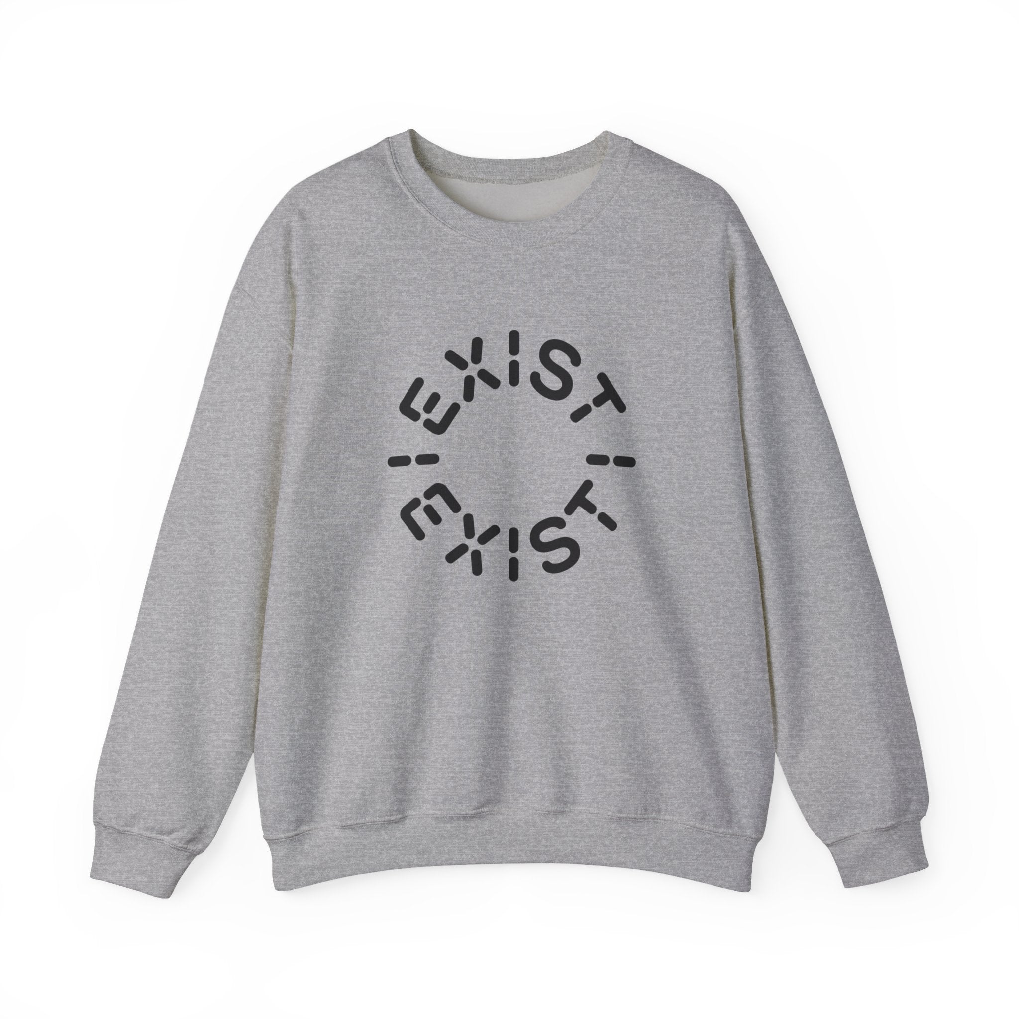 The Exist Exist - Sweatshirt is a light gray, eco-friendly top featuring "EXIST" printed three times in bold black lettering in a circular pattern—ideal for space enthusiasts.
