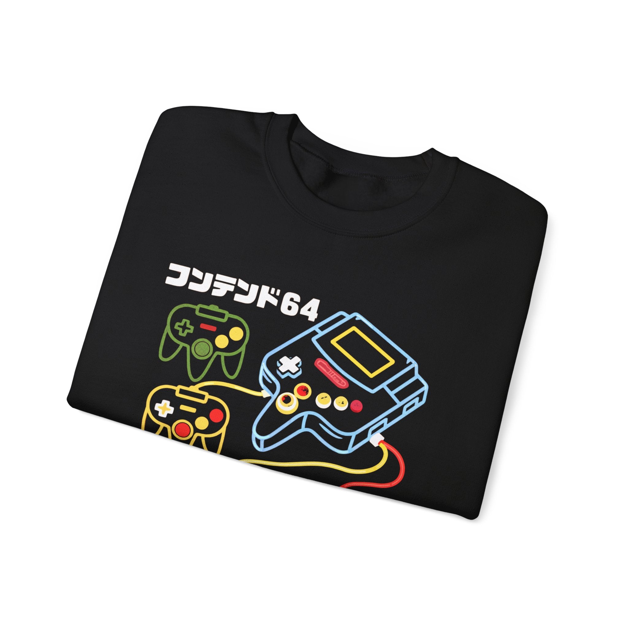 A folded black Game Console - Sweatshirt featuring colorful outlines of a retro game console and controllers, with Japanese text and "64" above—ideal for sci-fi fans and late-night coding sessions.
