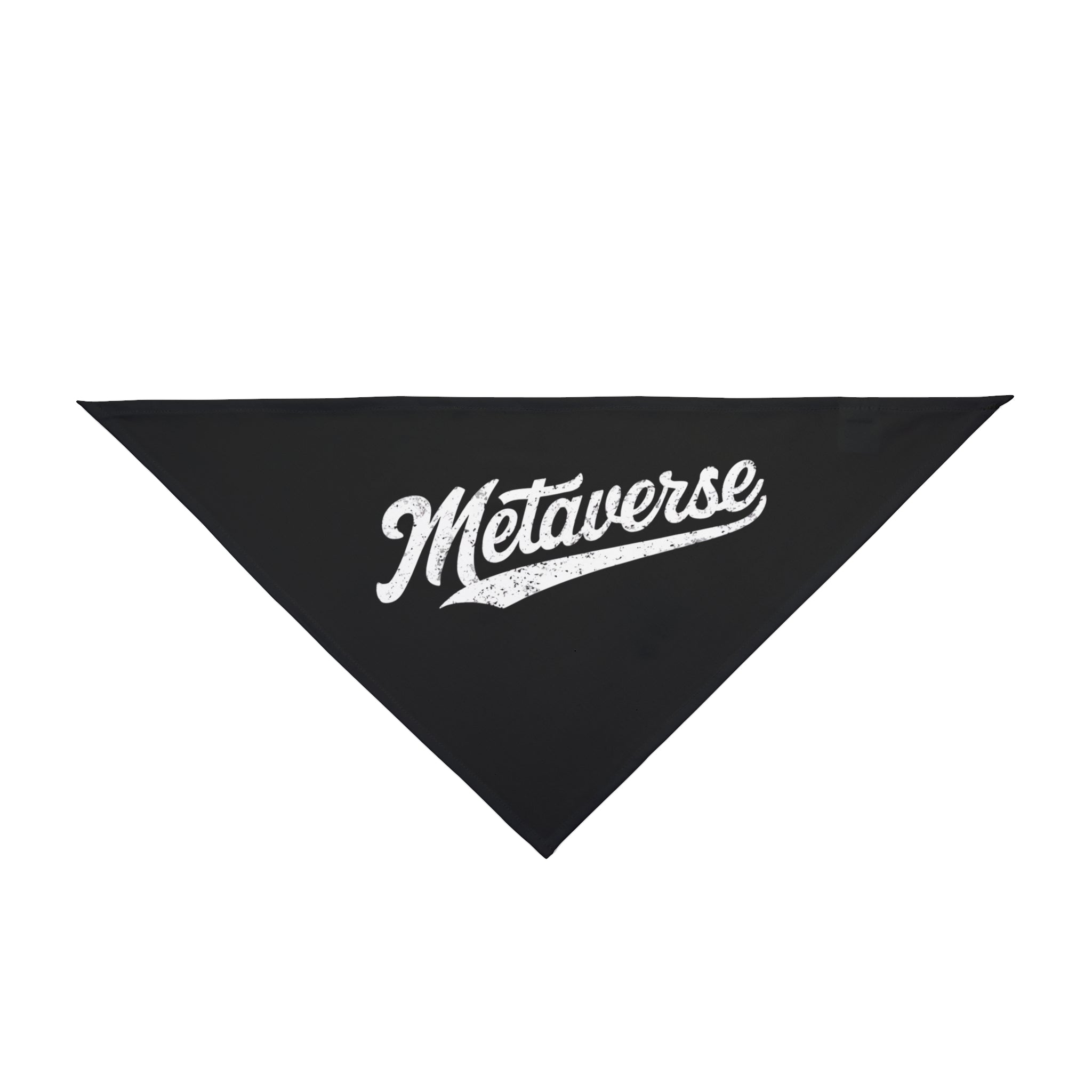 The Metaverse Pet Bandana is a chic, black polyester accessory adorned with "Metaverse" in elegant white cursive, ideal for giving your pet a stylish metaverse flair.