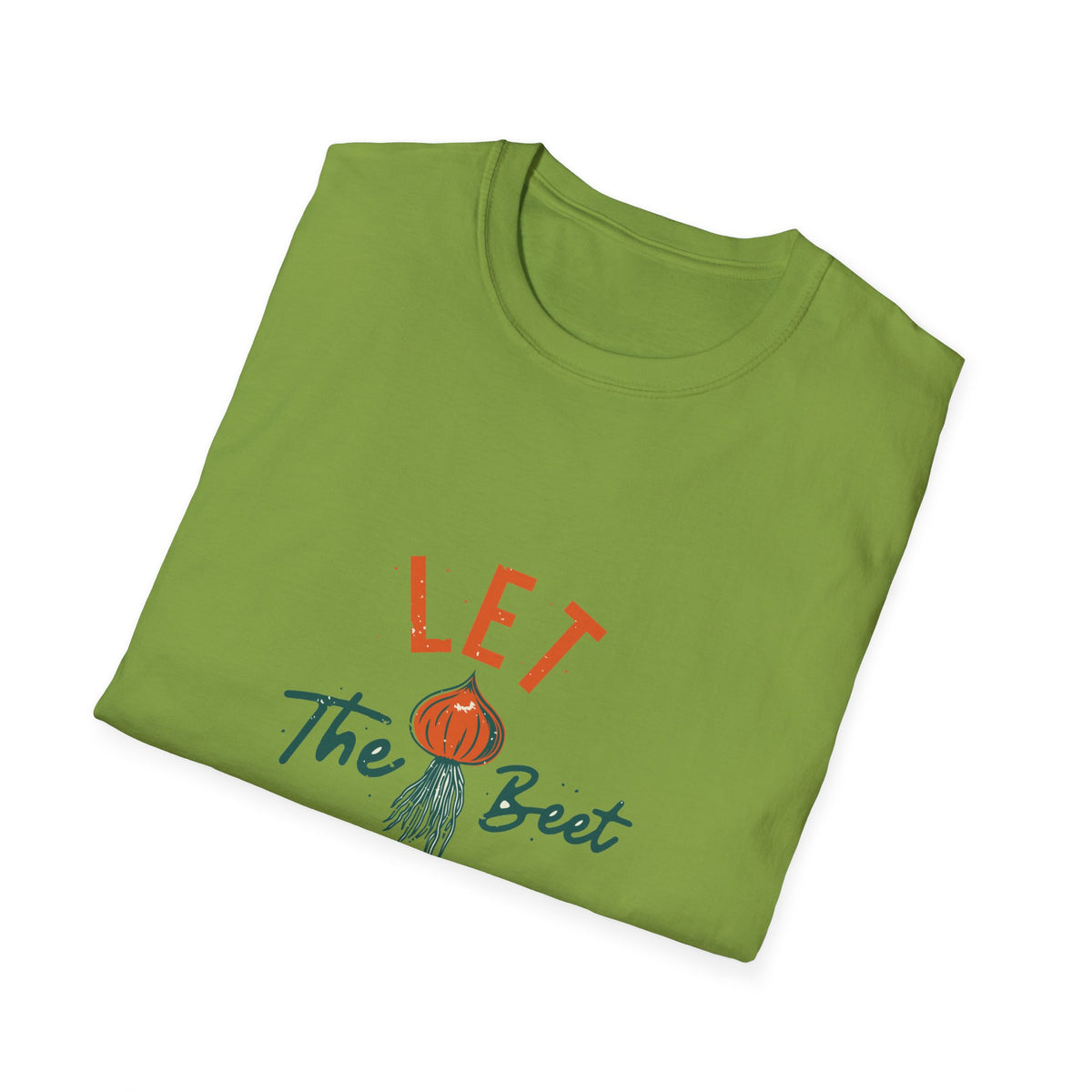 'Let the Beet Drop' beet pun print folded on green t-shirt, funny gift idea