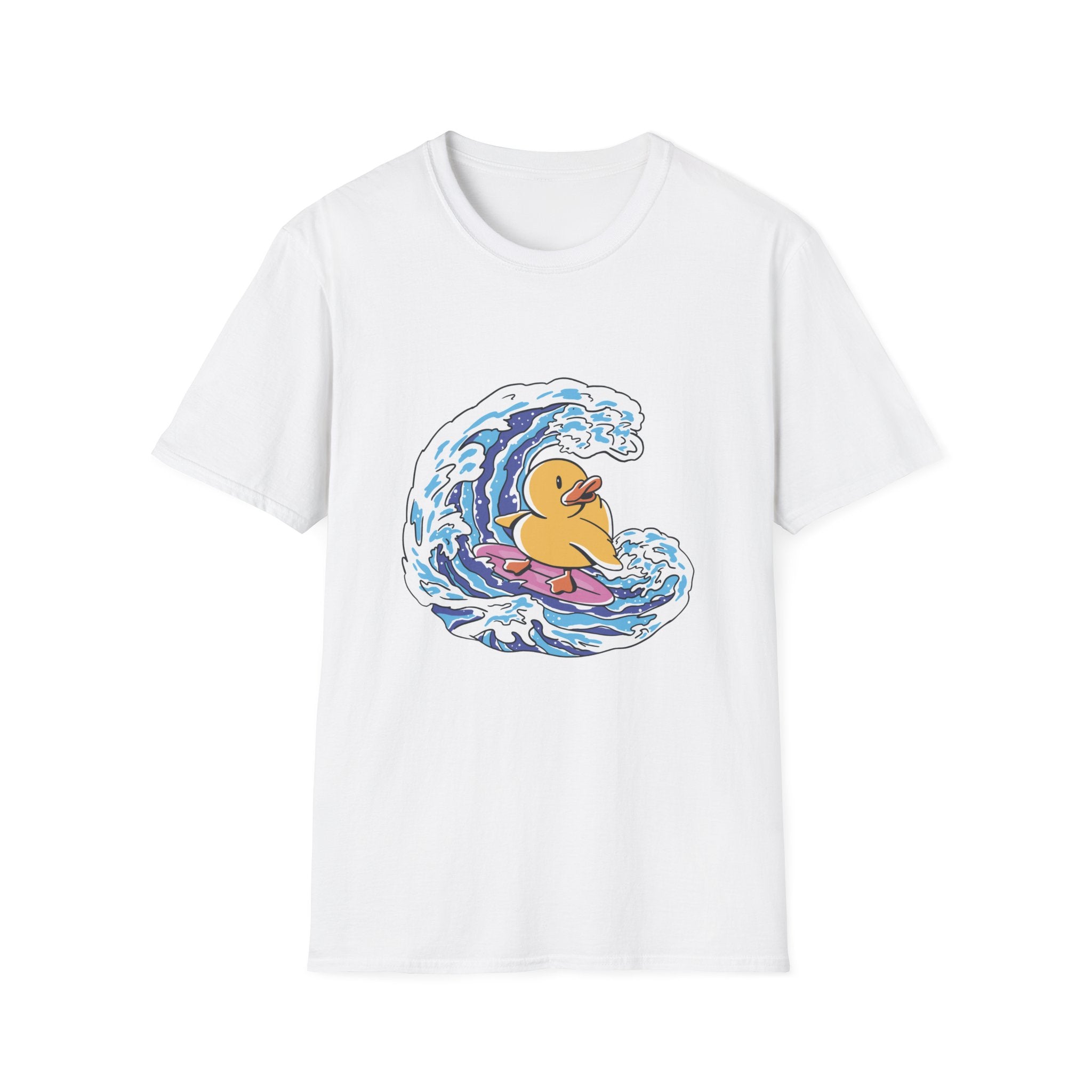 Meet the Surfing Duck T-Shirt: a white shirt featuring a fun yellow duck surfing on a blue wave, ideal for both beach outings and coding marathons.