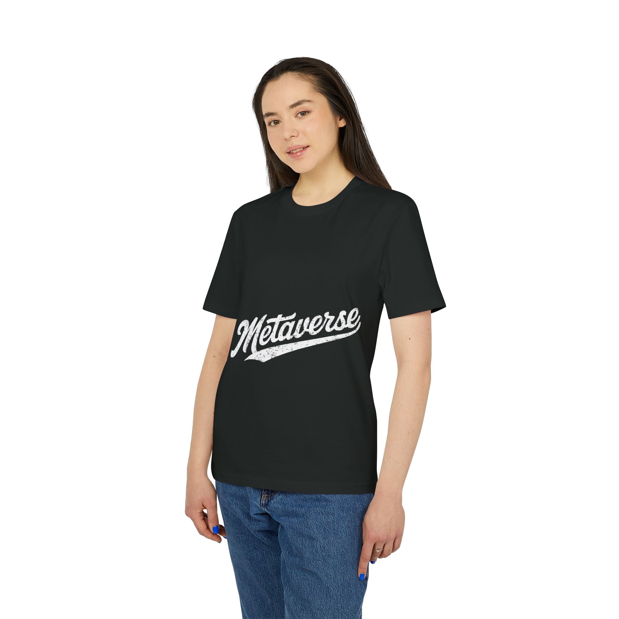 Someone wears the Metaverse - Organic T-Shirt, a black eco-friendly tee with "Metaverse" in white script, paired with blue jeans against a plain white background.