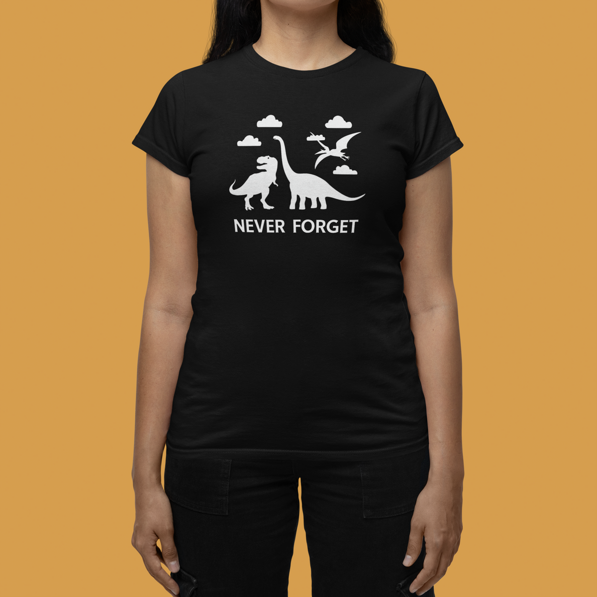 'Never Forget' dinosaur t-shirt in black, close up of woman wearing it, funny gift for her