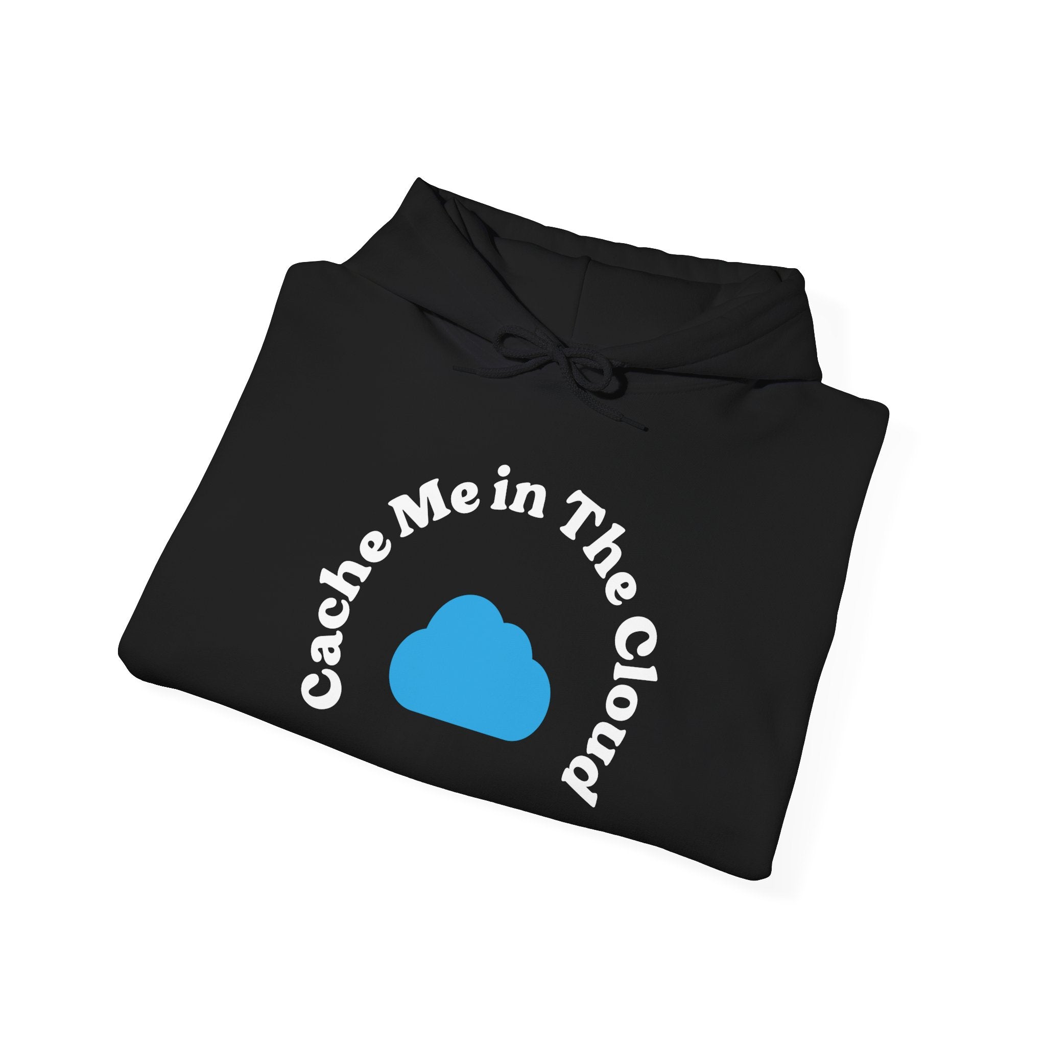 The "Cache Me in The Cloud" hooded sweatshirt, designed with a classic fit in black, showcases a blue cloud icon alongside its clever text. Ideal for those who prioritize both comfort and style, this sweatshirt offers a warm, cozy interior and makes for a chic tech-savvy fashion statement.
