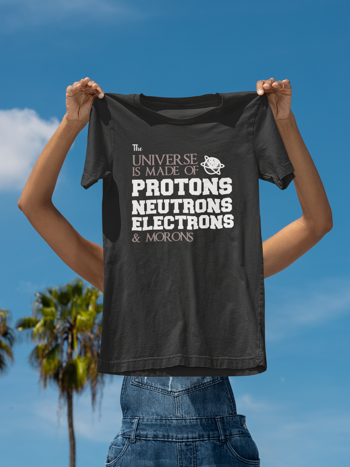 'The Universe Is Made Of...Morons' tee in black, held up outdoors against a blue sky, funny sarcastic gift