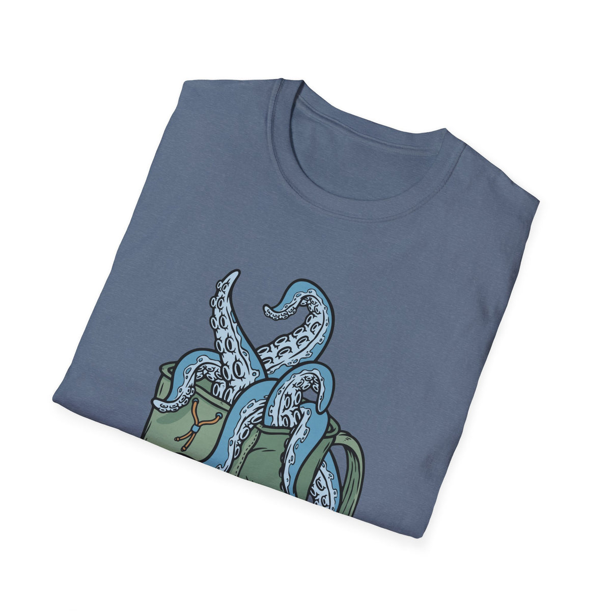 'Octopus Comes Out of the Bag' t-shirt in heather indigo, folded flat lay, funny gift for backpackers