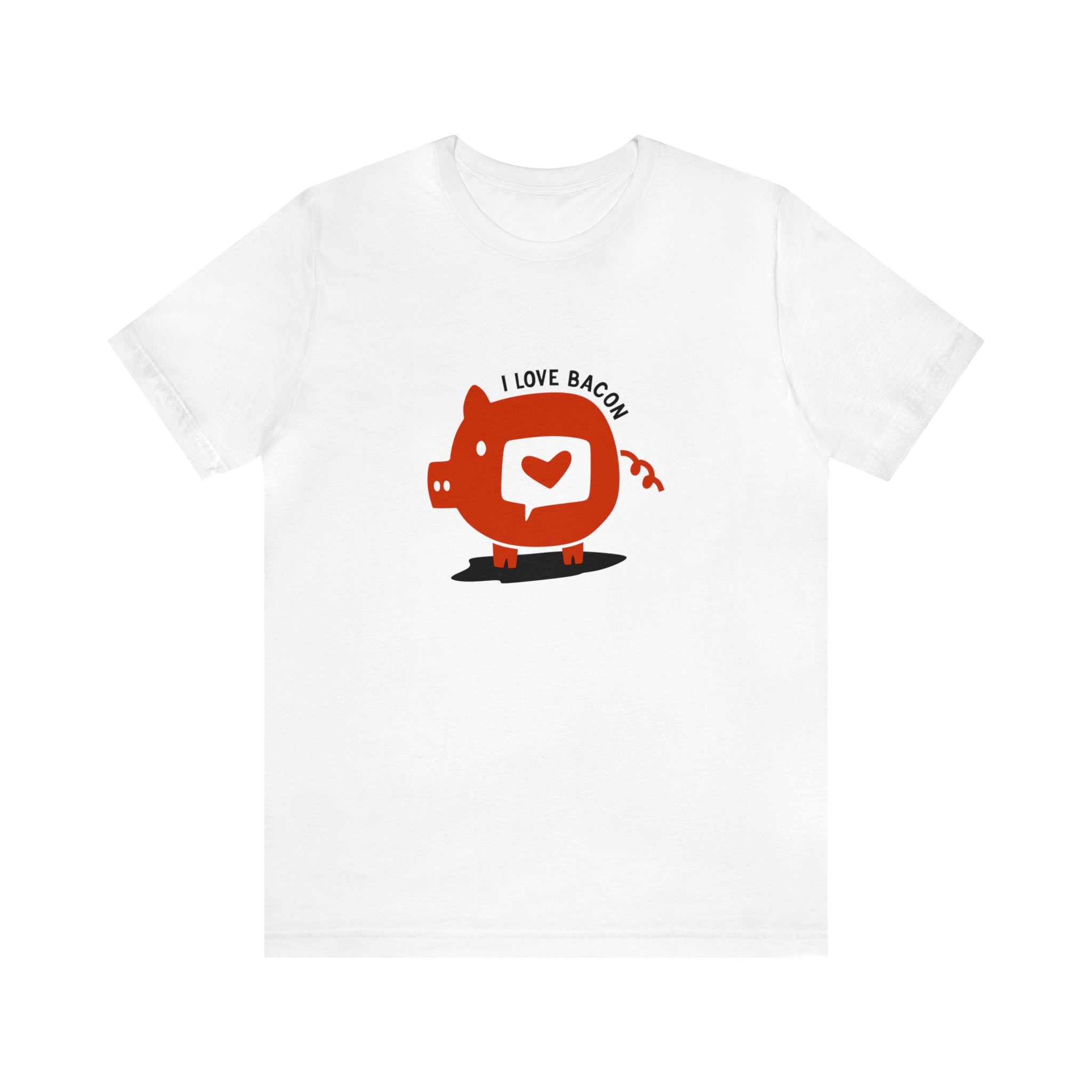 The "I Love Bacon T-Shirt" is a white tee with a cartoon red pig and the text "I Love Bacon." A speech bubble with a heart adds geeky flair, perfect for those with a playful sense of humor.