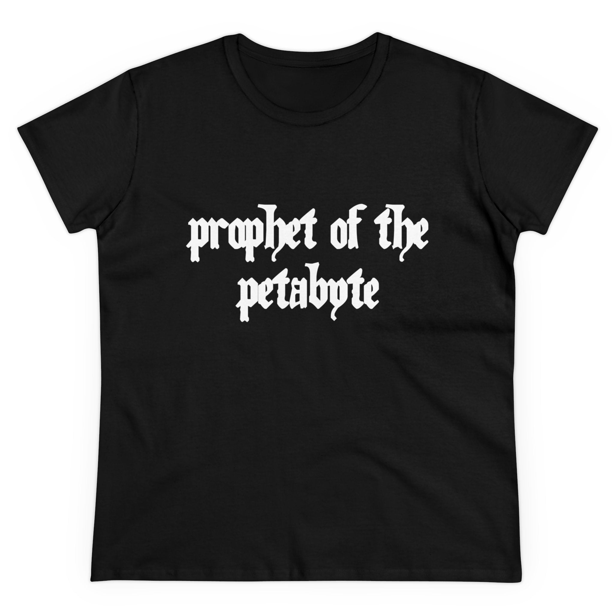 Discover exceptional comfort with our "Prophet of the Petabyte - Women's Tee," made from soft cotton. This black T-shirt showcases bold white gothic text, "Prophet of the Petabyte," making it an eye-catching choice for any tech enthusiast's wardrobe.