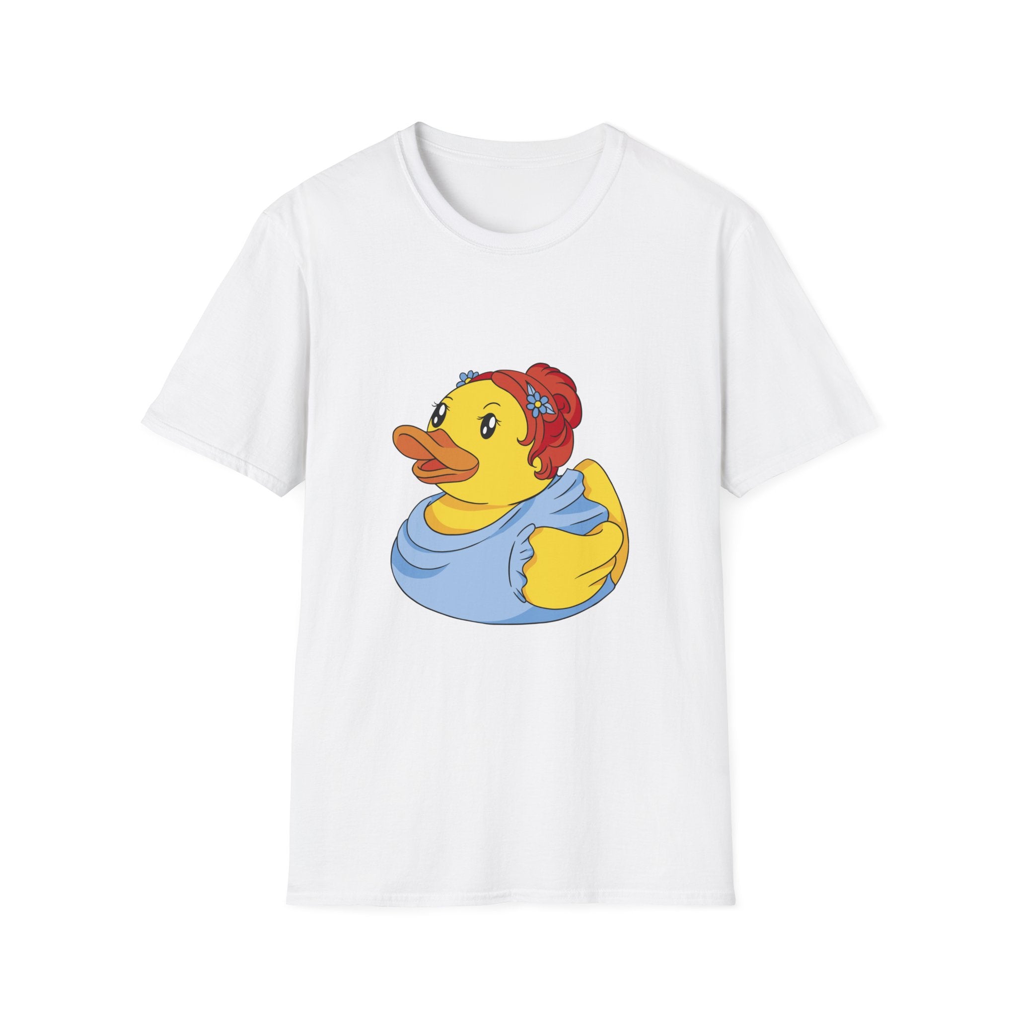 Explore our Bridesmaid Duck T-Shirt: a white tee adorned with a cartoon red-haired duck dressed in a blue outfit and headband. Ideal for bachelorette parties, it's made from premium fabric to offer both comfort and style. Enjoy the charm and playfulness of this delightful design!