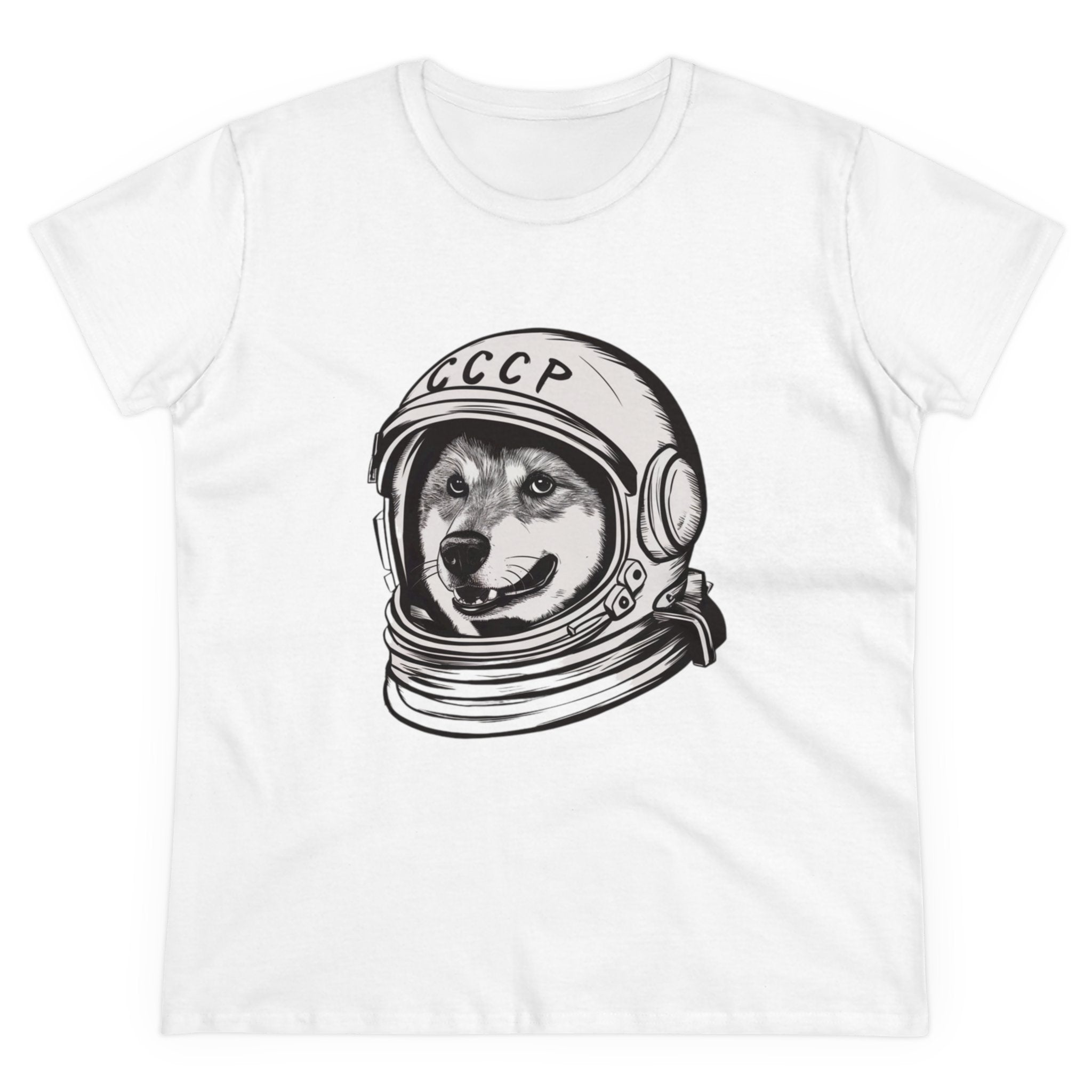 The CCCP Astronaut Dog - Women's Tee is a cotton T-shirt designed specifically for women, featuring a graphic of a CCCP astronaut dog wearing a space helmet.