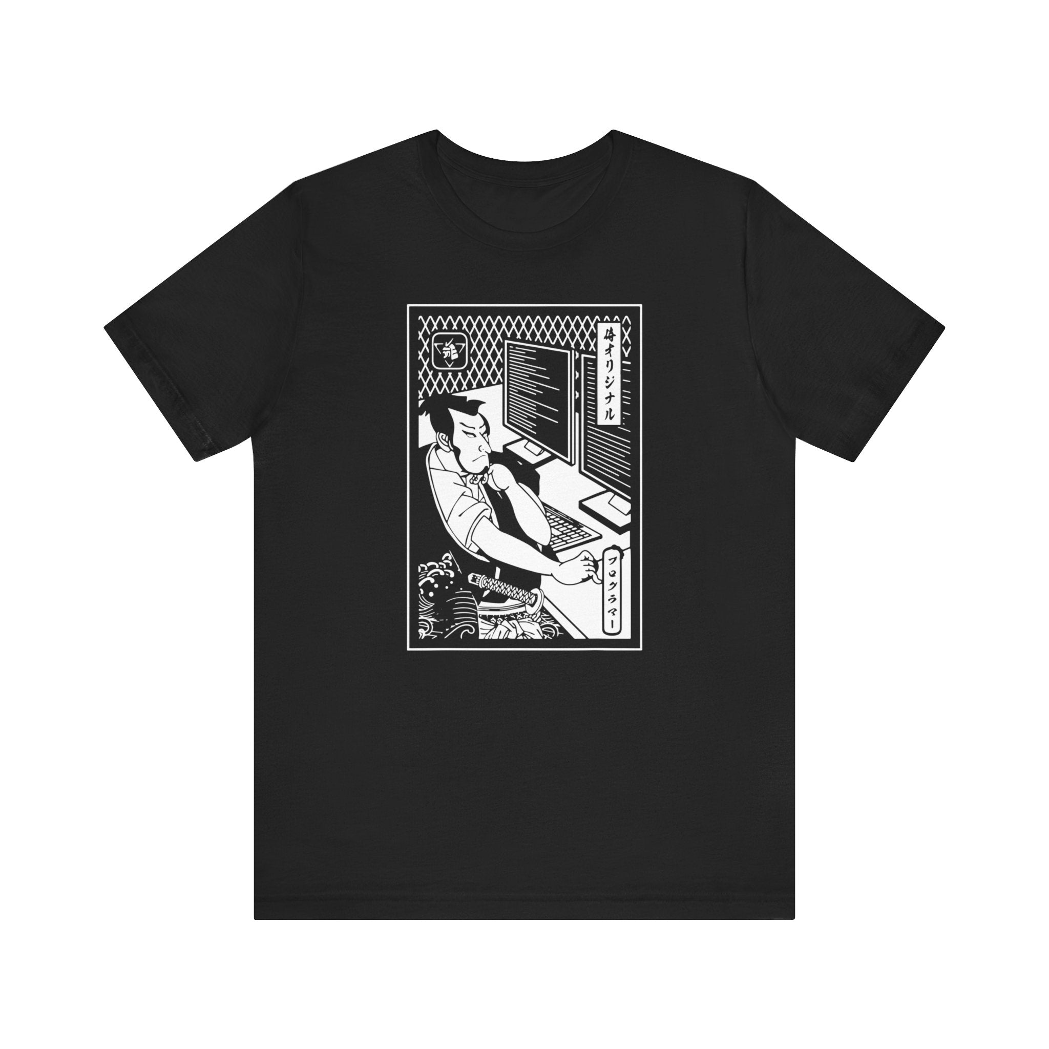The Coding Samurai T-Shirt is a black tee with a white cartoon of a traditional samurai diligently working on a laptop and Japanese text, perfect for nerdy warriors.