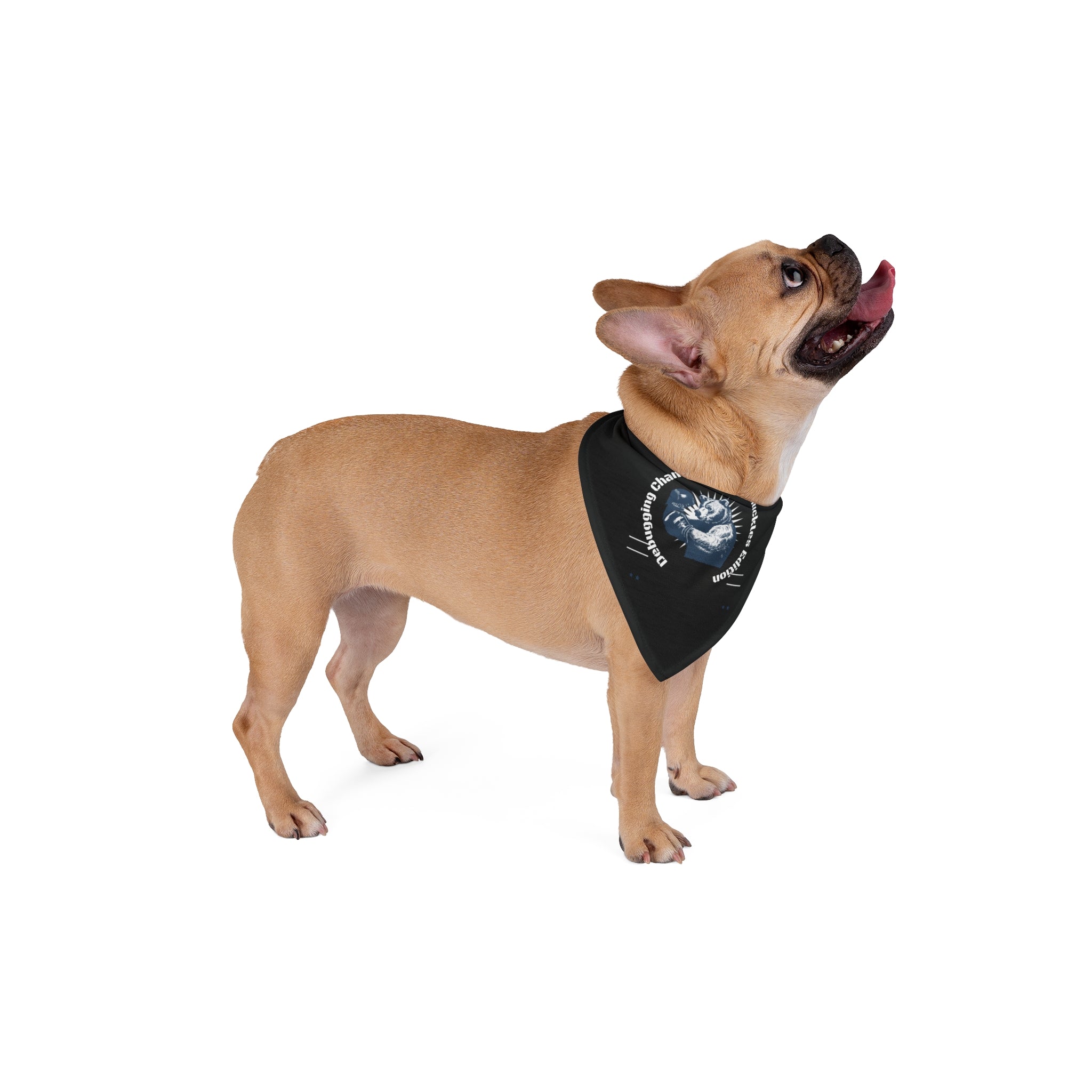 A light brown French Bulldog wears the black "Debugging Champion - Pet Bandana" with a logo and white text, looking up with its tongue out against a white background.