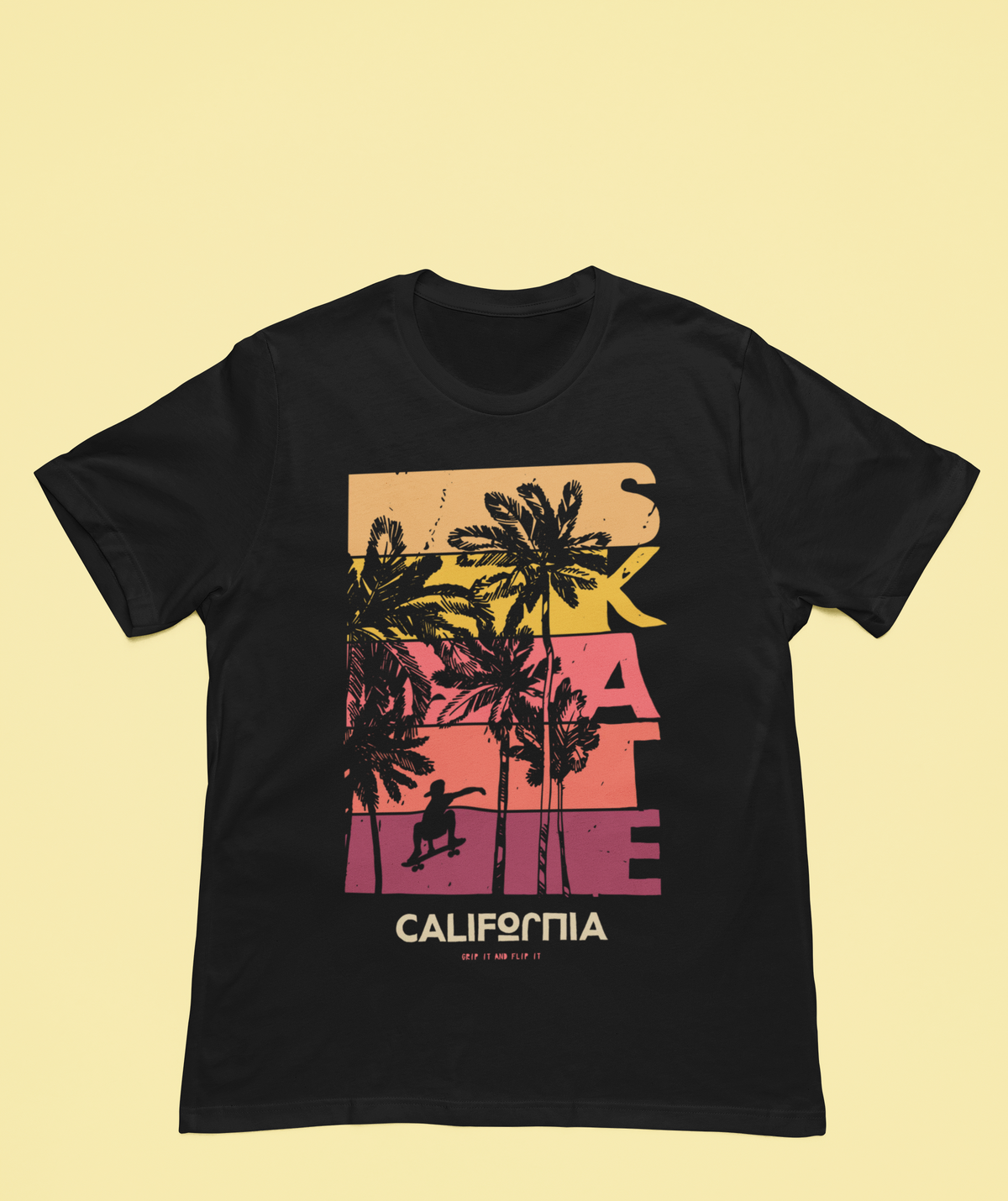 Skate California palm tree t-shirt in black, flat lay on yellow background, funny skater gift