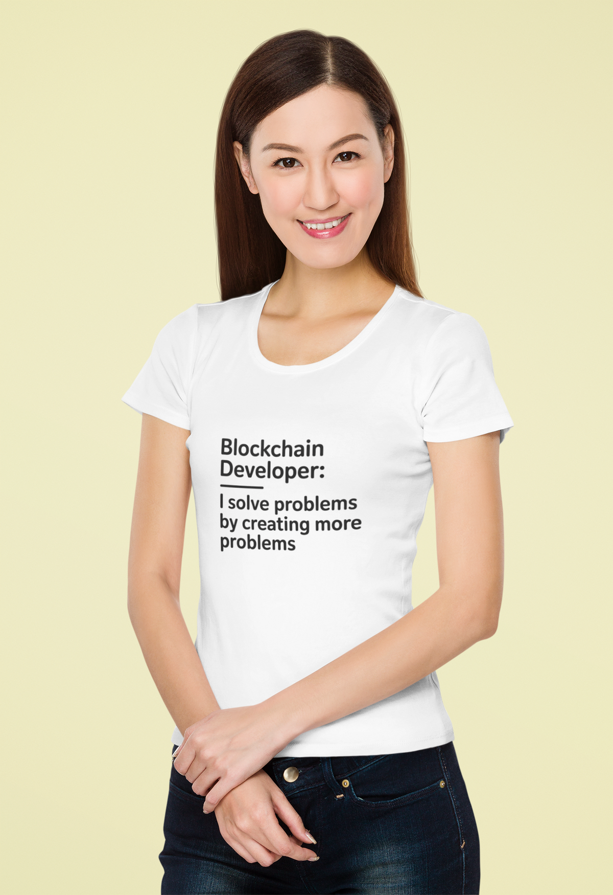 'Blockchain Developer' oversized tee in white, woman wearing it in studio, funny gift for coders
