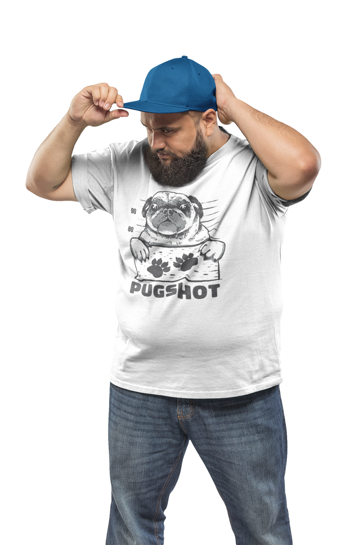 Pugshot T-shirt in white, bearded man wearing it against a black backdrop, funny dog lover gift