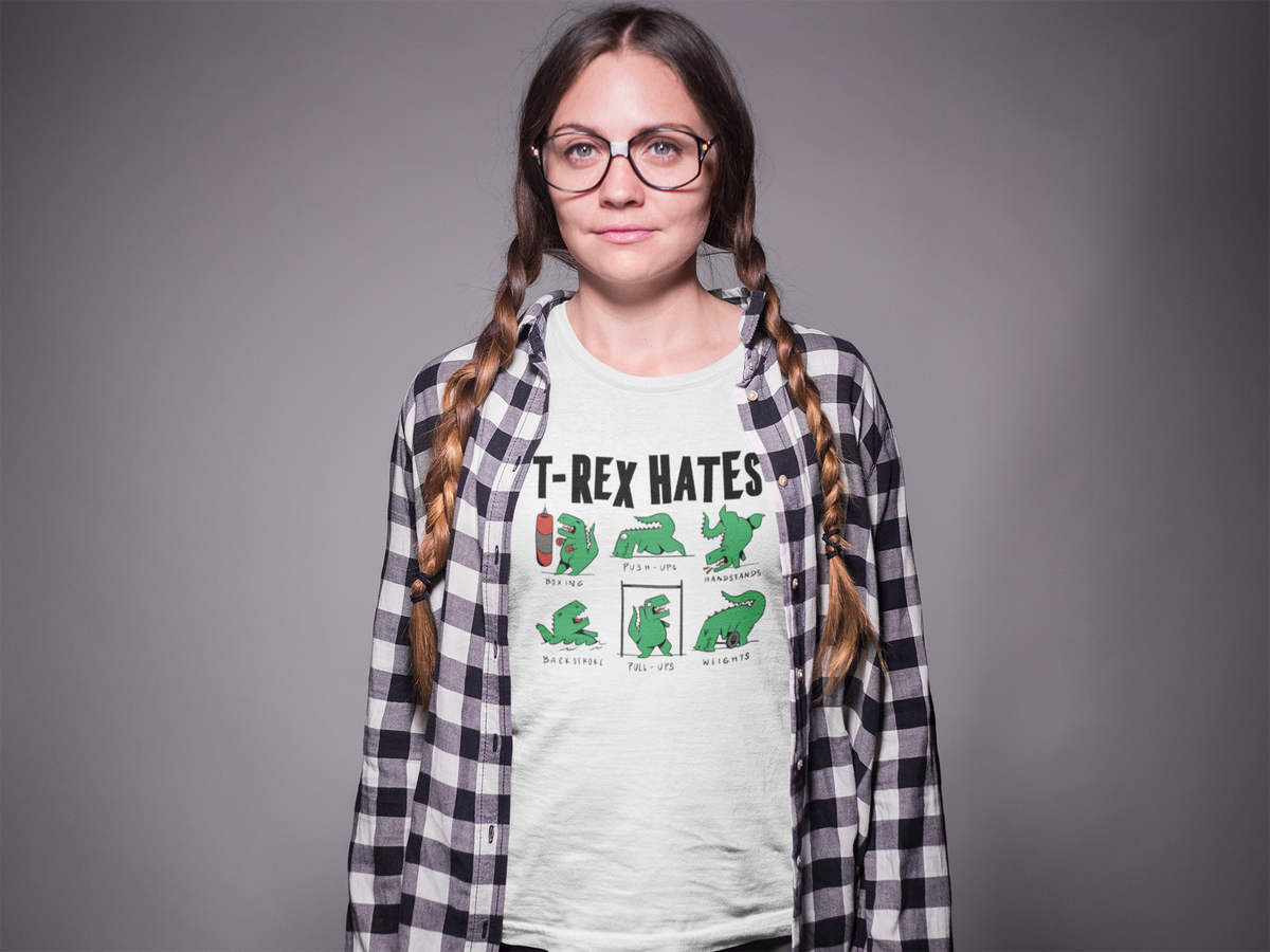 T-Rex Hates Organic T-Shirt | Funny Dinosaur Short Arms Humor | Geekpsters