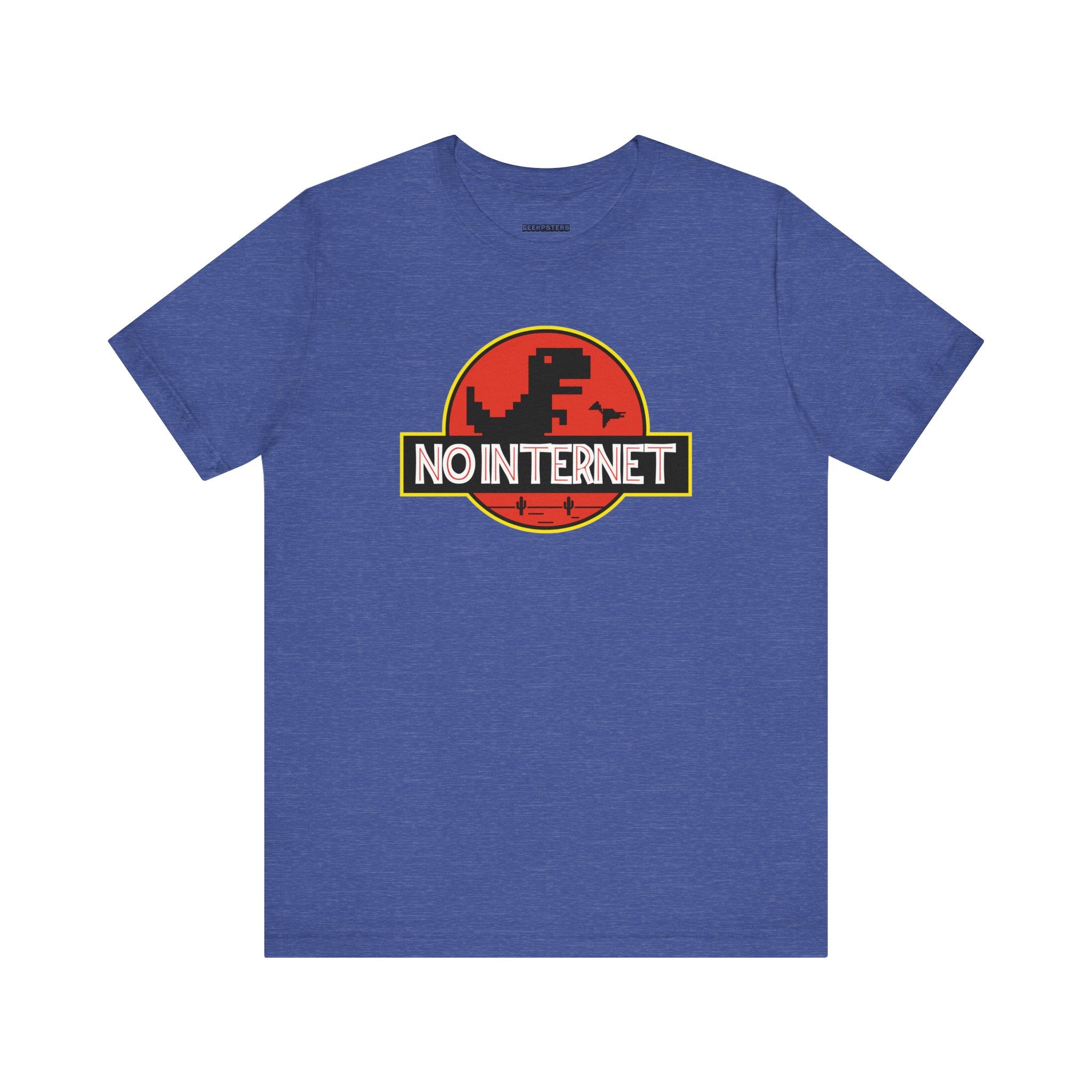 The No Internet T-shirt features a blue design with an iconic dinosaur logo inside a red circle, accompanied by "NO INTERNET." It's ideal for tech fans who enjoy adding digital independence to their wardrobe.