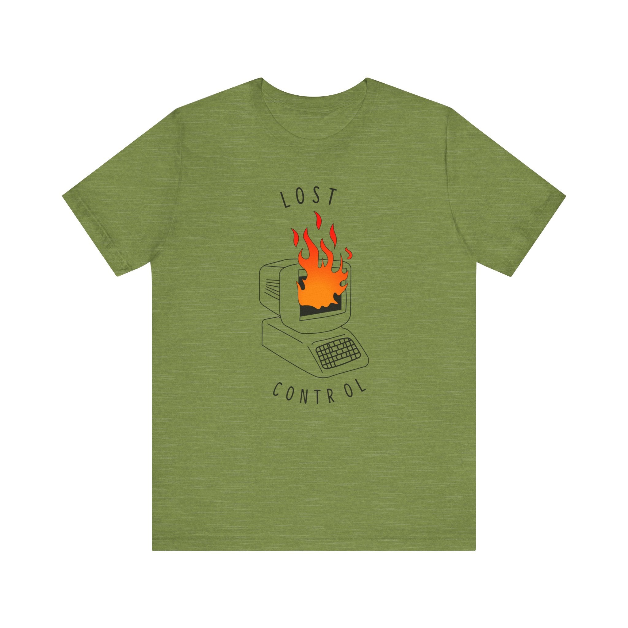 The Lost Control T-Shirt is a comfortable, high-quality cotton t-shirt featuring a green design with an illustration of a computer on fire and the text "Lost Control.